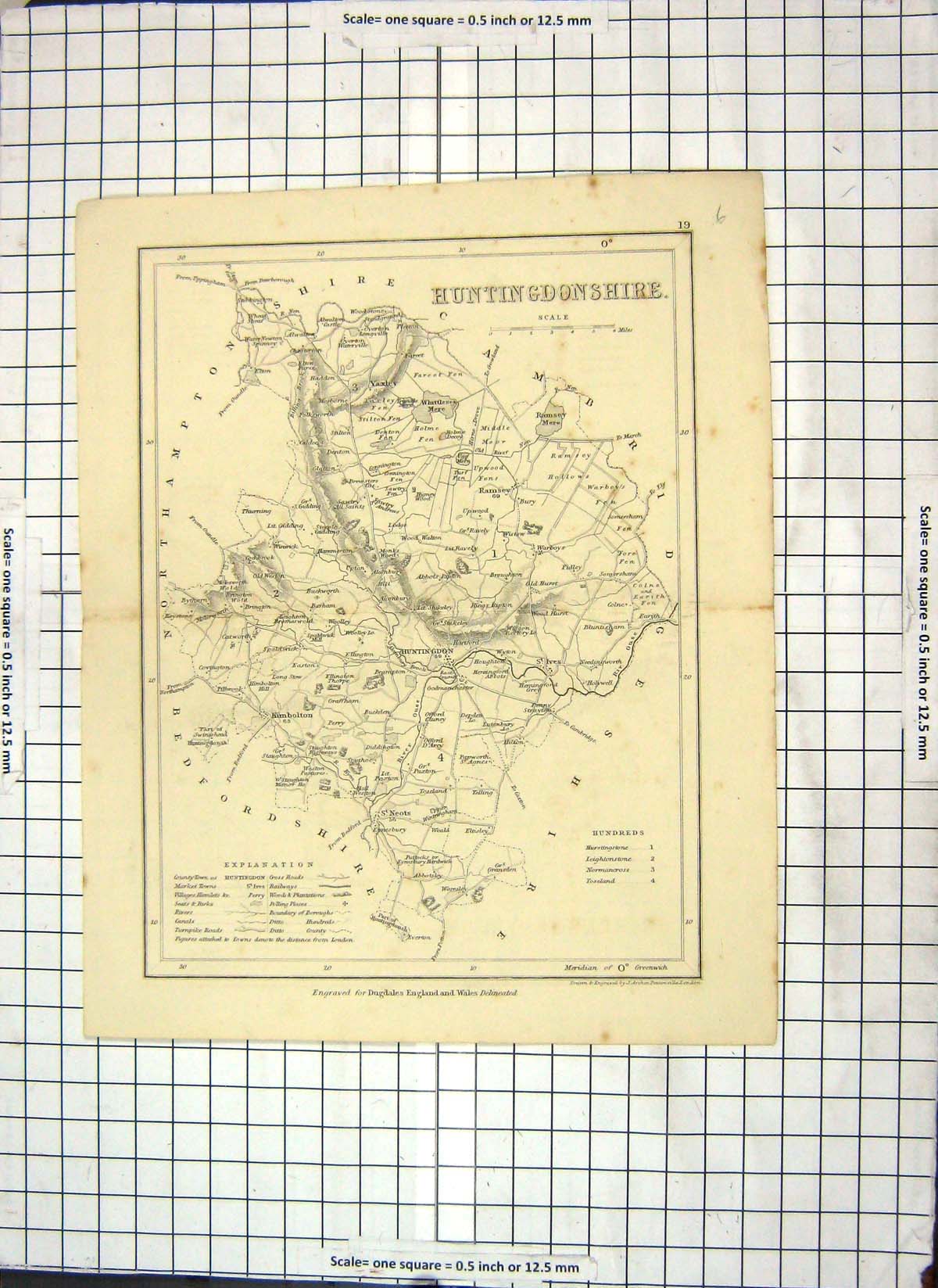 Original Old Antique Print Map Huntingdonshire England Dugdales Huntingdon
