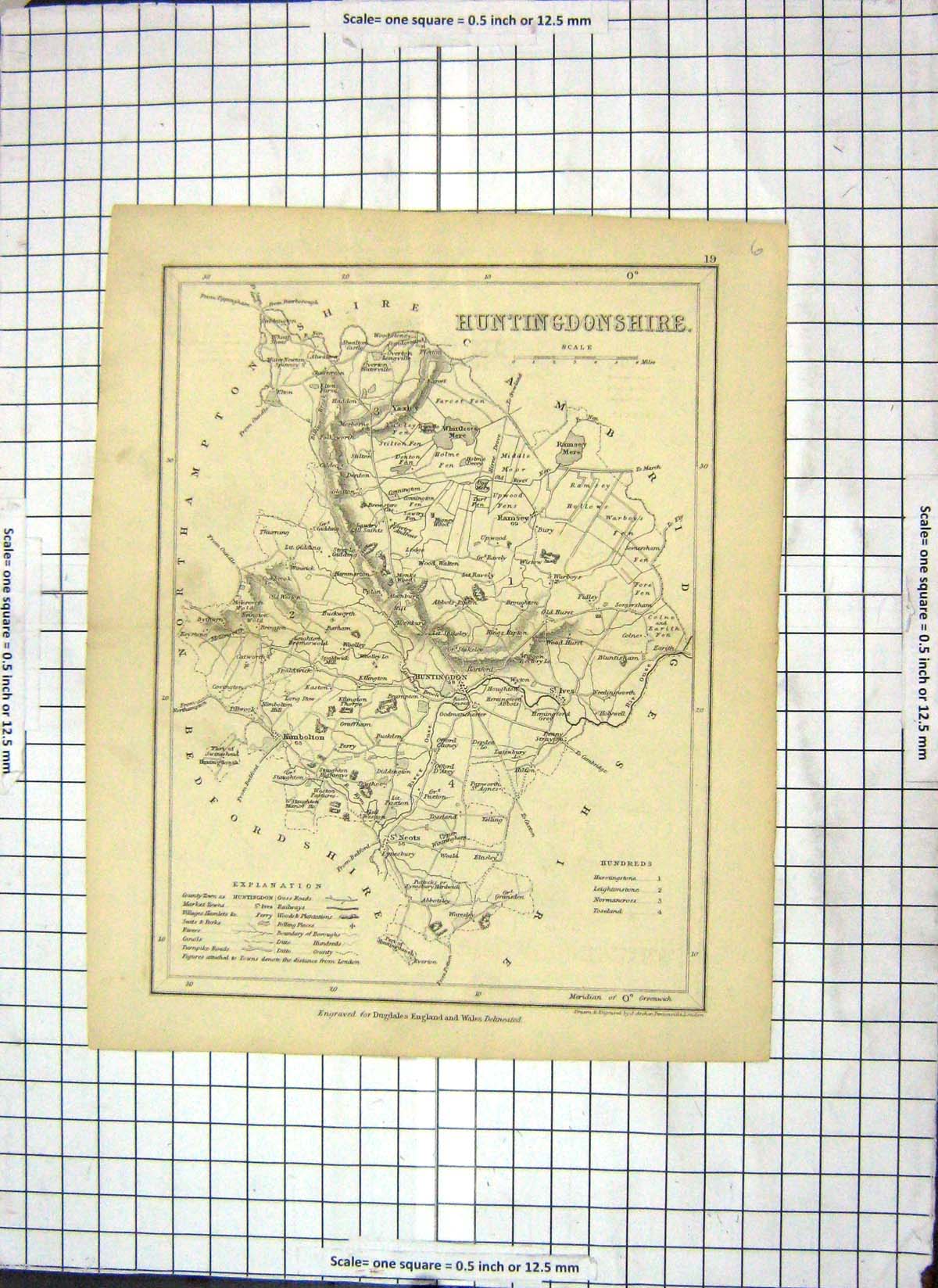 Old Map Huntingdonshire England Archer Dugdales Huntingdon Kimbolton