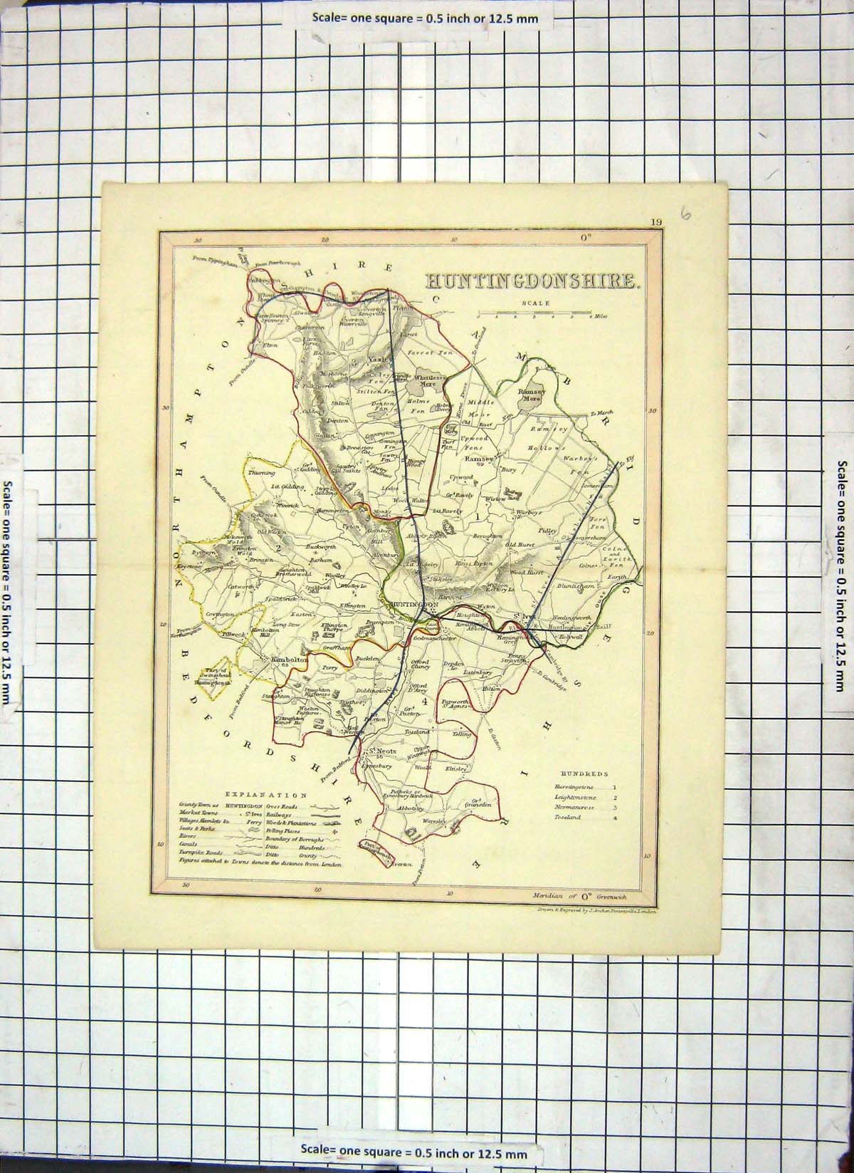 Old Antique Print Map Archer Huntingdonshire England Kimbolton Huntingdon