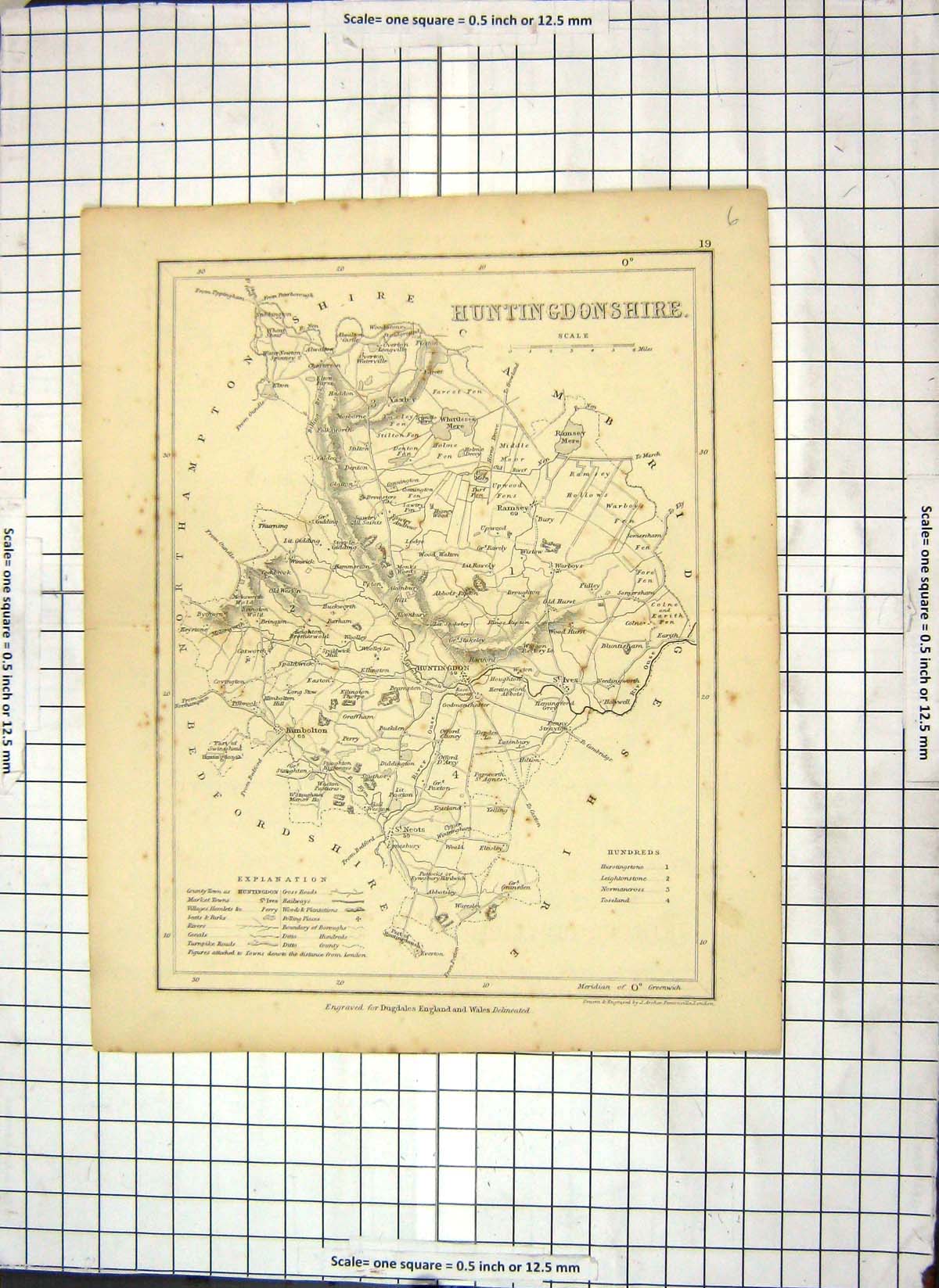 Antique Print Map Archer Dugdales Huntingdonshire England Ramsey Kimbolton