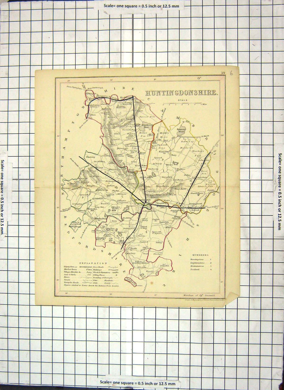 Old Antique Print Map Huntingdonshire Archer Kimbolton England Whittlesea