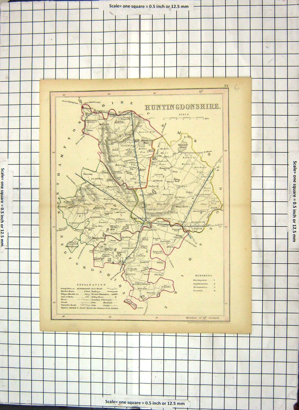 Antique Old Print Map Archer Huntingdonshire England Ramsey Kimbolton Yaxley