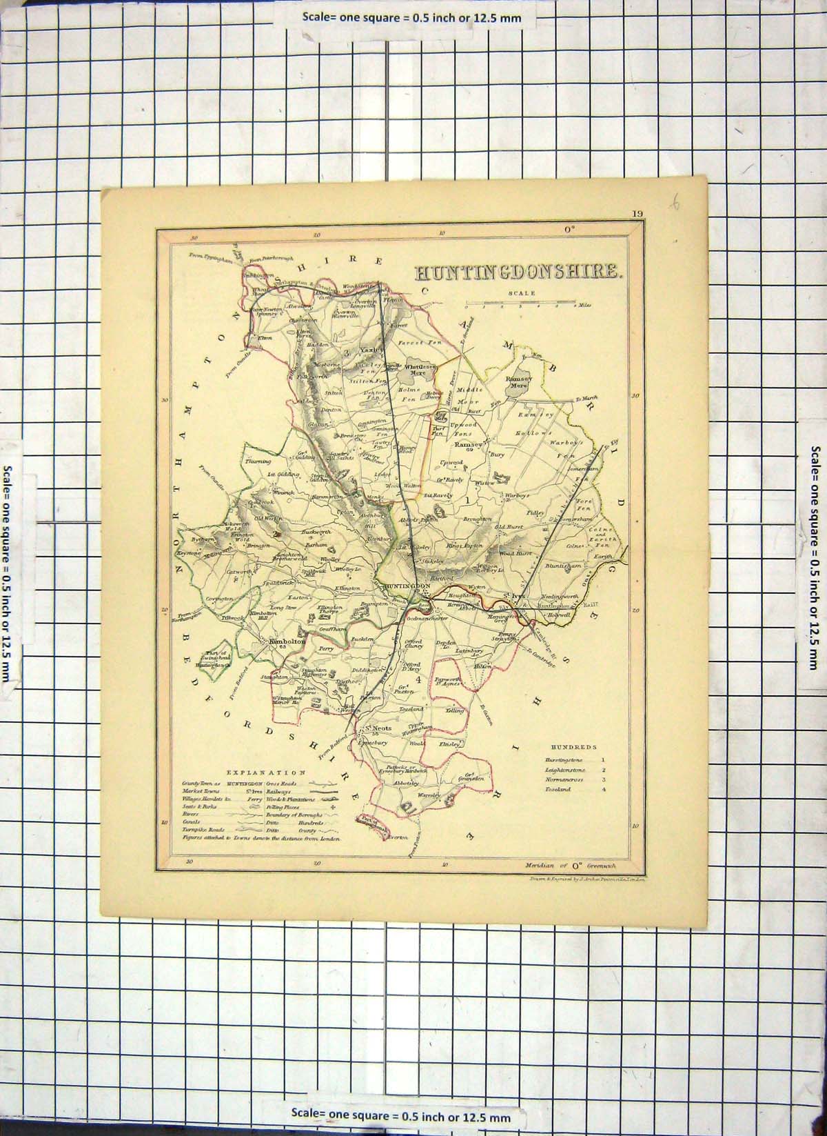 Antique Old Print Archer Map Huntingdonshire England Kimbolton Ramsey Yelling