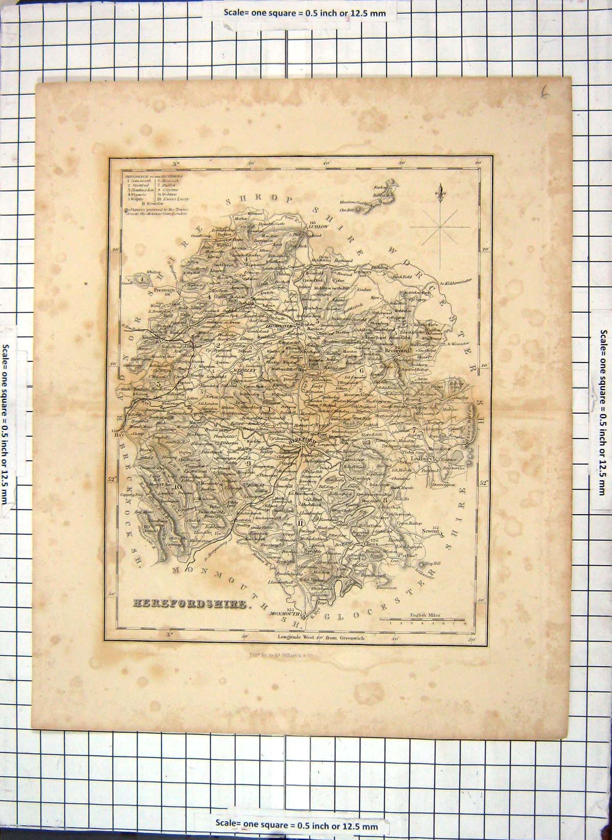 Original Old Antique Print Archer Map Herefordshire England Monmouth Leominster