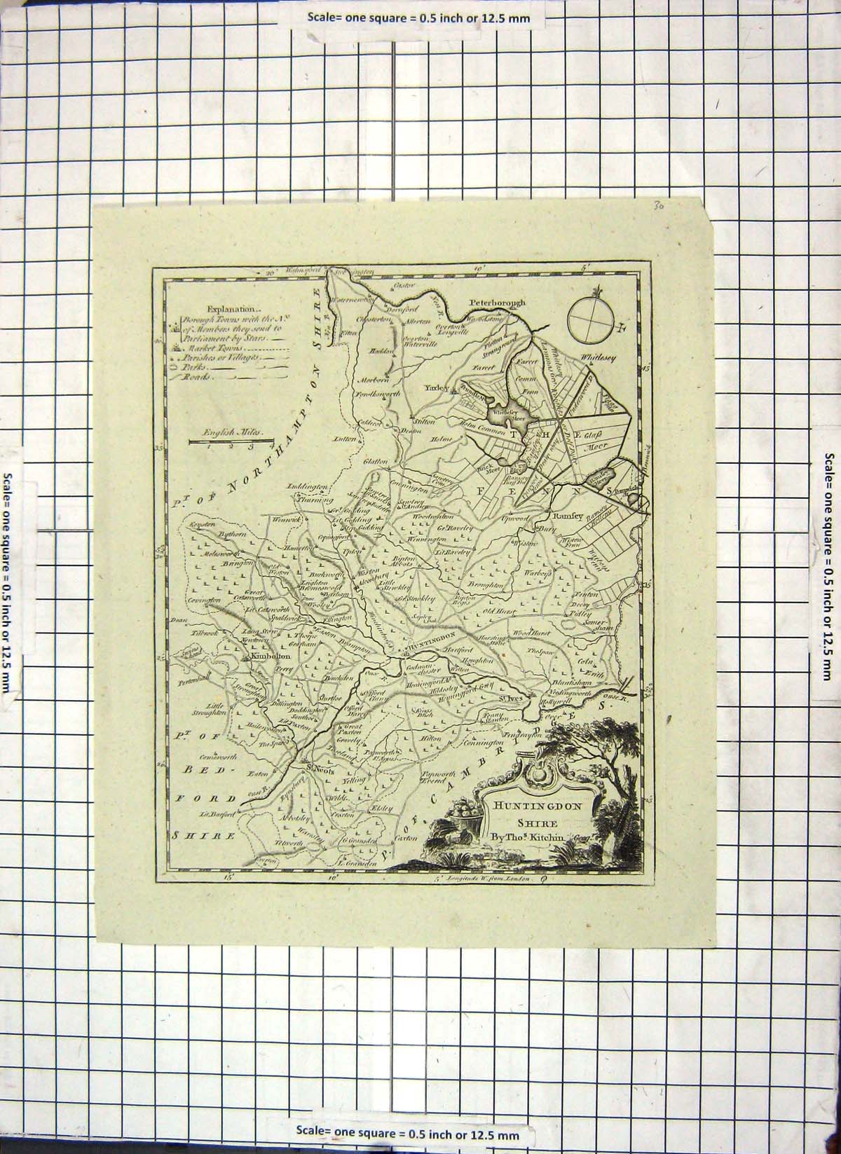 Antique Print Kitchin Map Huntingdonshire England Kimbolton Ramsey St. Ives