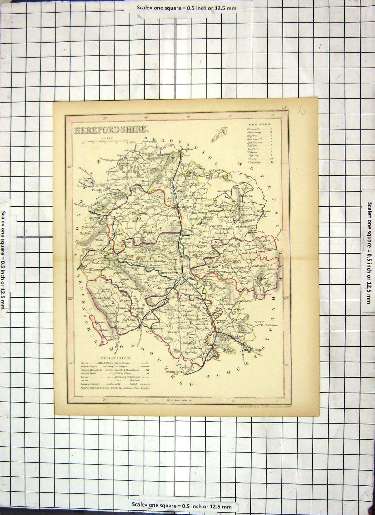 Antique Old Print Archer Map Herefordshire England Hereford Bromyard Ledbury