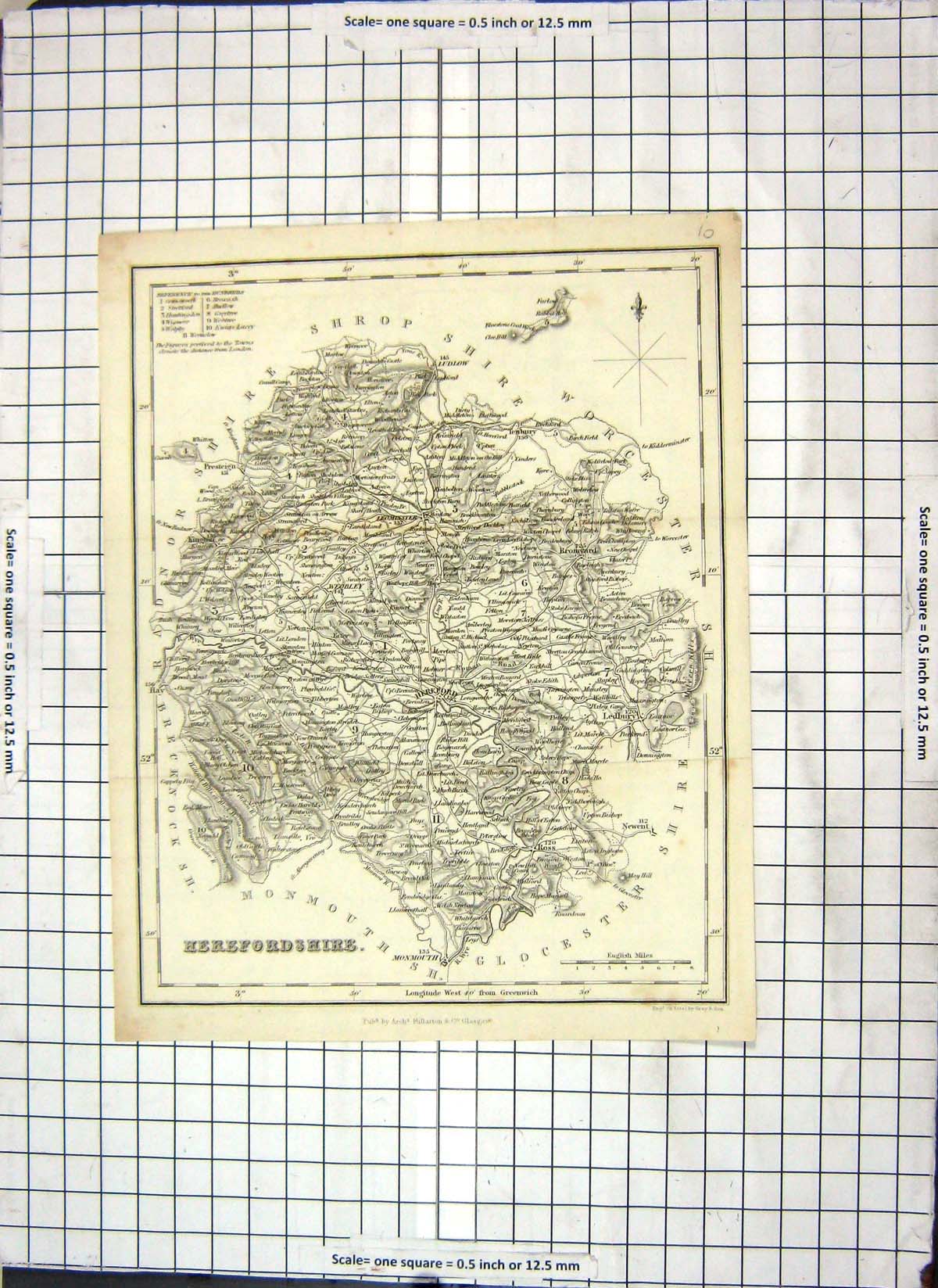 Antique Old Print Steel Map Herefordshire England Hereford Bromyard Ledbury