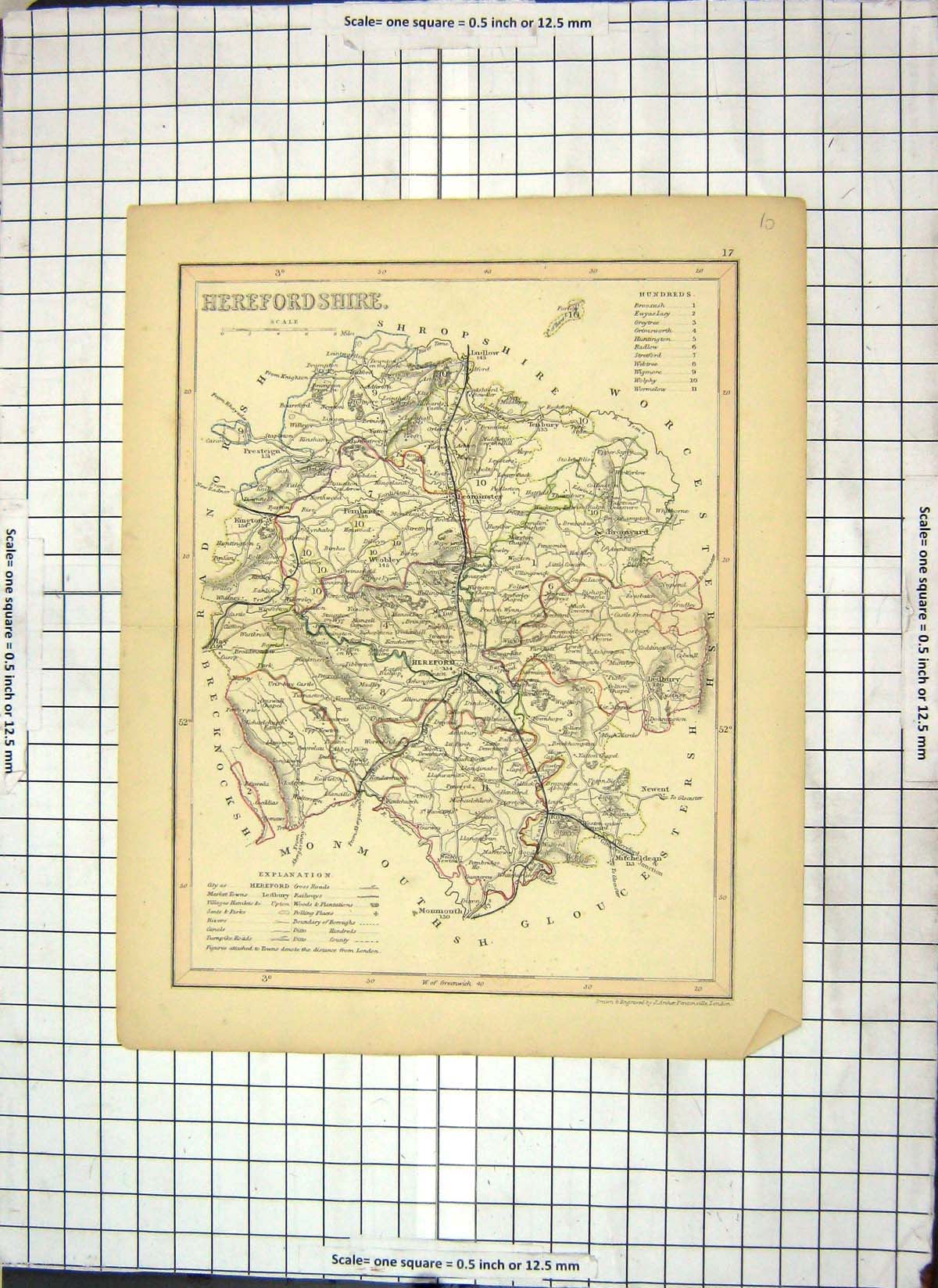 Antique Print Archer Map Herefordshire England Hereford Bromyard Leominster