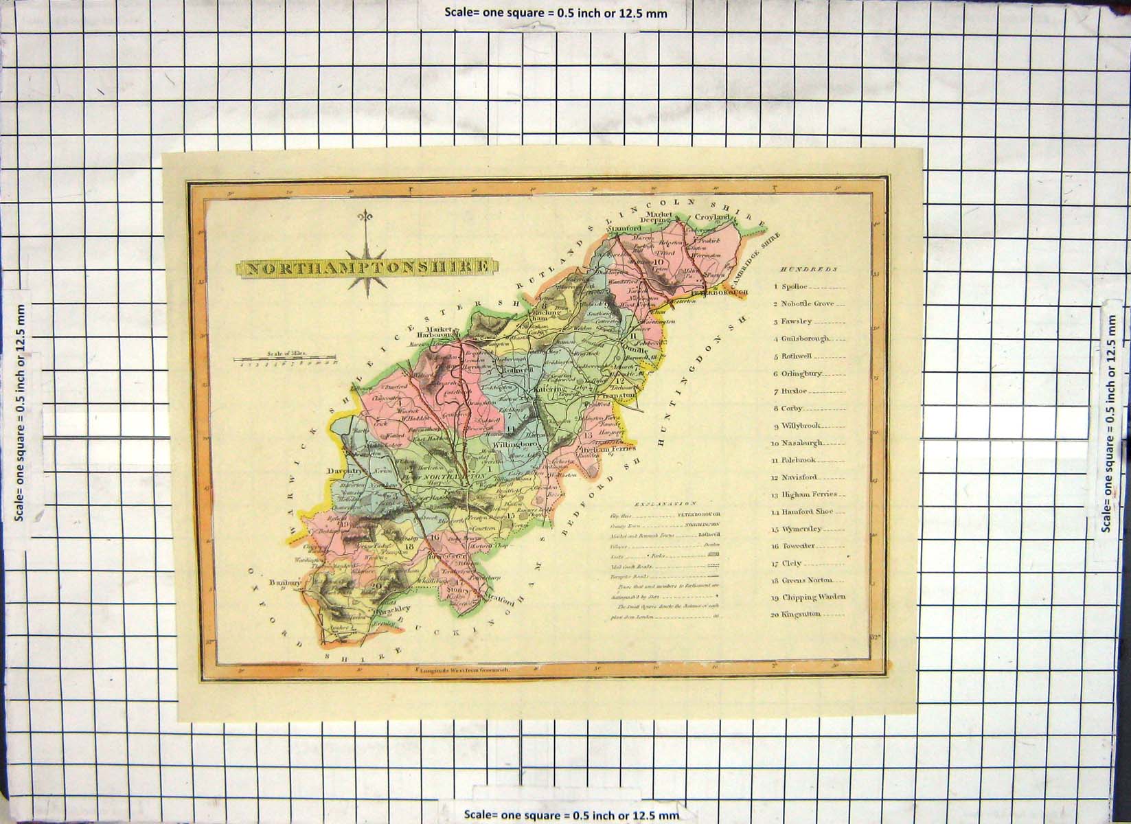 Antique Old Print Map Northamptonshire England Kittering Daventry Croyland
