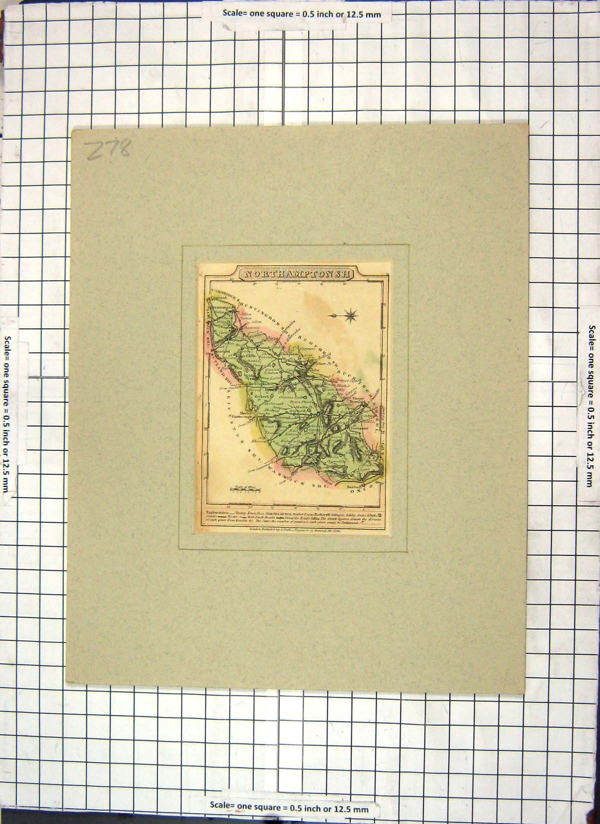 Old Print Map Northamptonshire England Cambridge Wallis English Counties