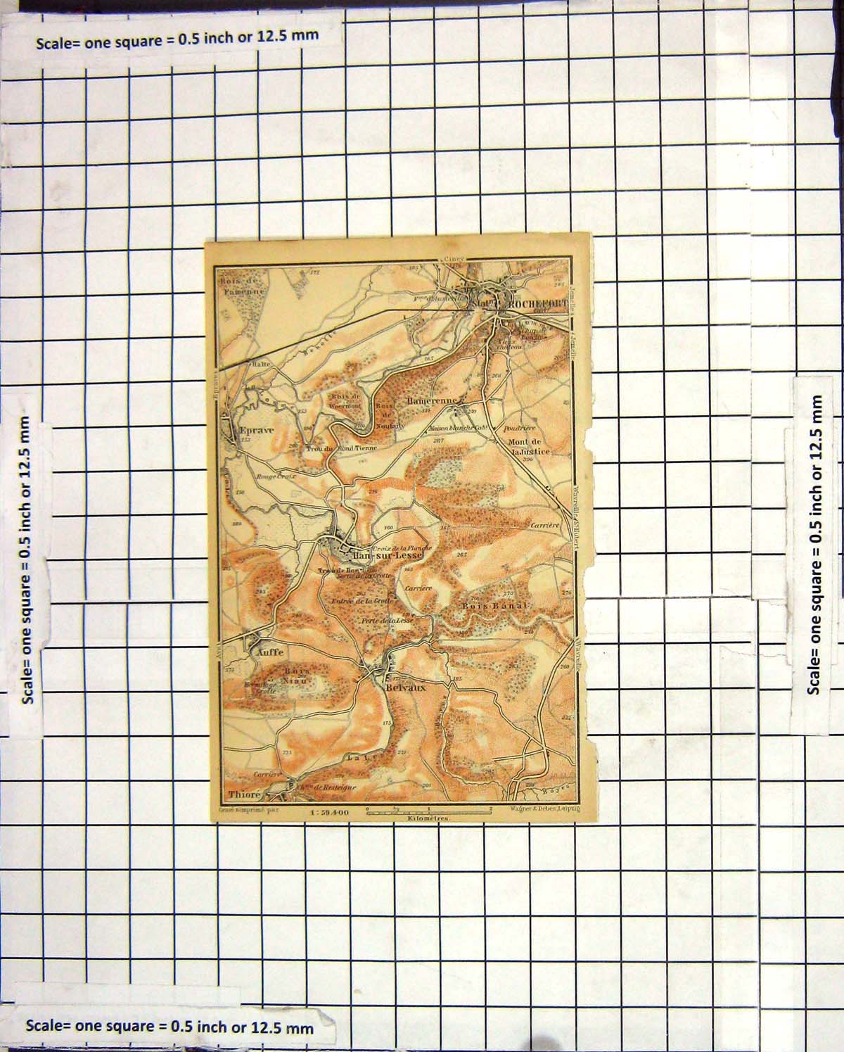 Original Old Antique Print Map Eprave Rochefort Auffe Belvaux Thiore