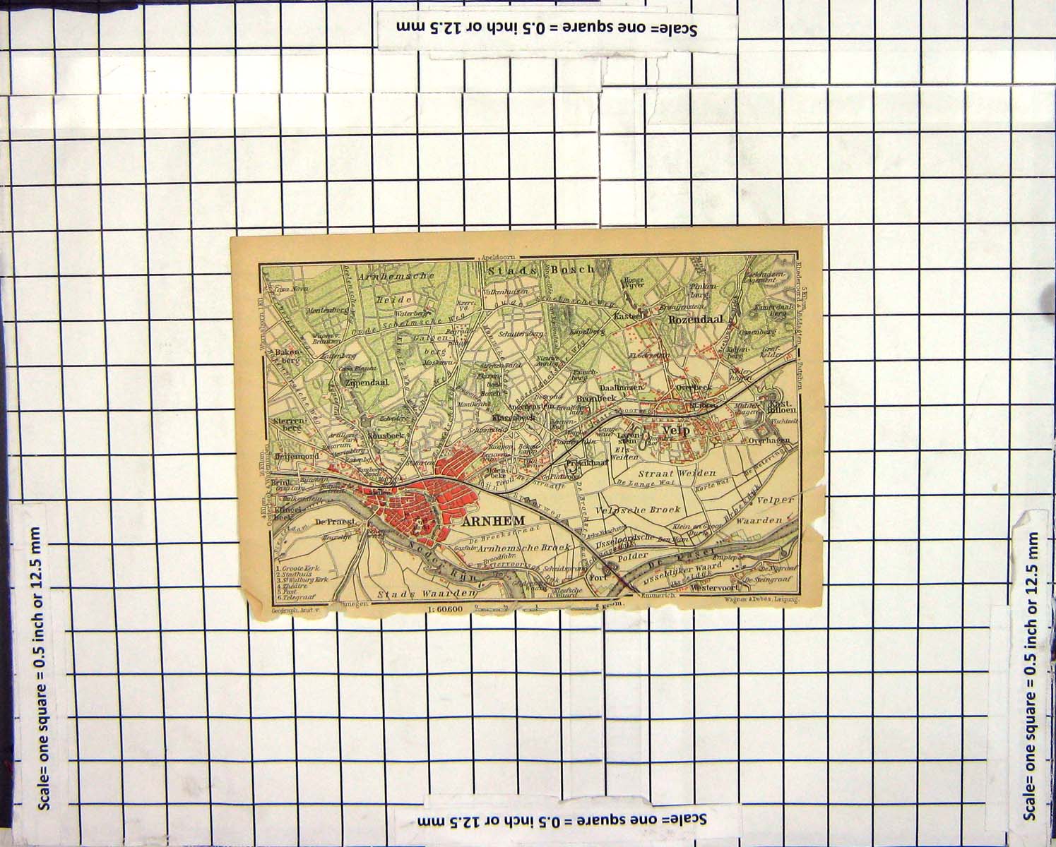 Original Old Antique Print Map Plan Arnhem Velp Rozendaal River Stads Waarden
