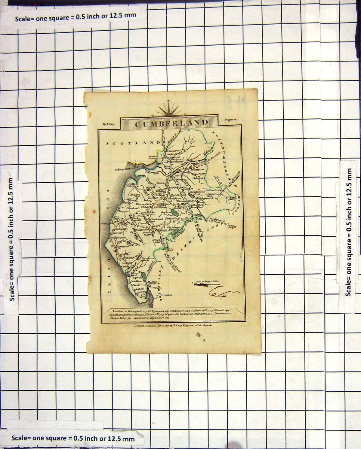 Original Old Antique Print Map 1827 Cumberland Wigton Solway Firth Keswick 19th