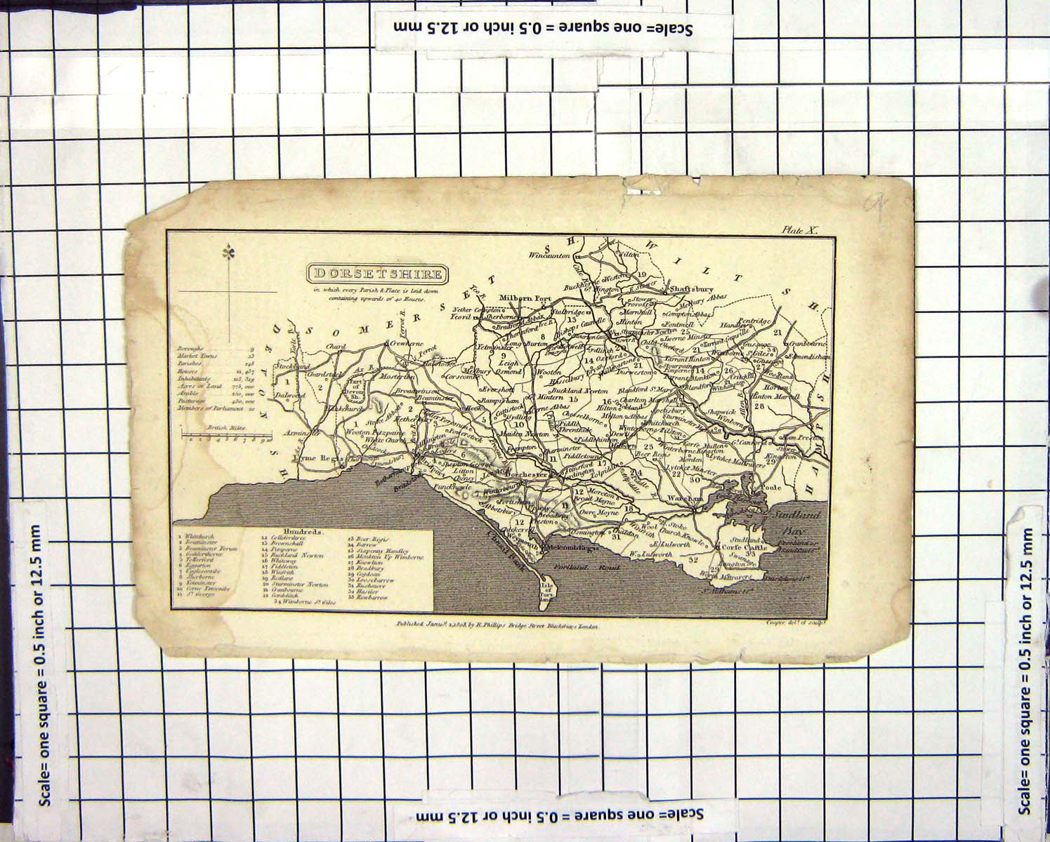 Antique Old Print Map 1803 Dorsetshire England Dorchester Bridport Weymouth