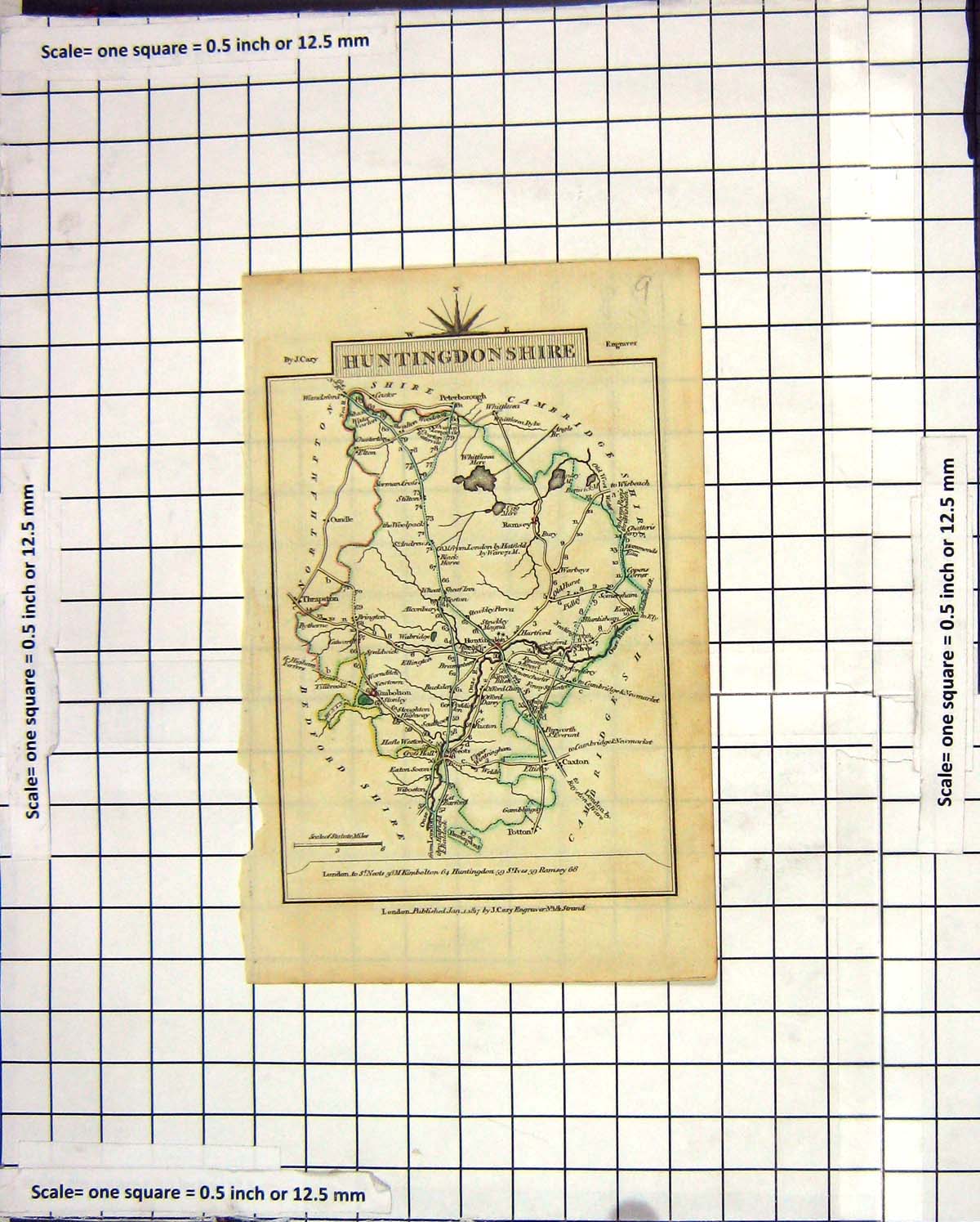 Antique Old Print Map 1827 Huntingdonshire England Huntingdon Peterborough 19th