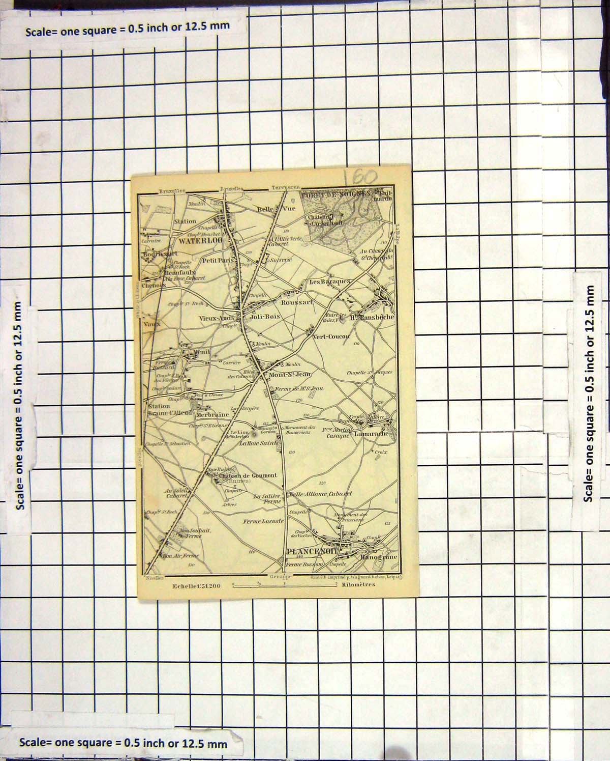 Old Antique Print Map Plan Waterloo Plancenoit Bruxelles Belgium Brussels