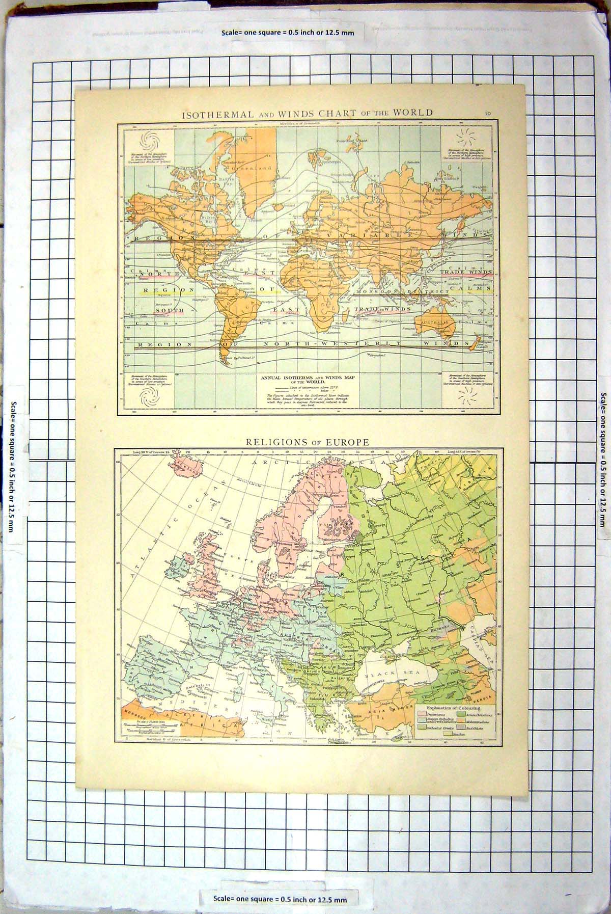 Original Old Antique Print Map Isothermal Winds Chart World Religions Europe