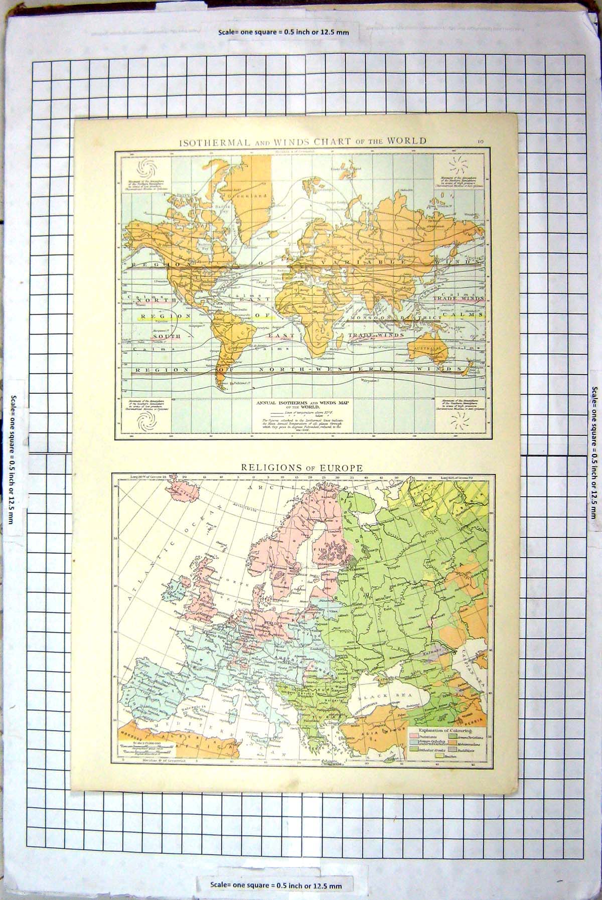 Antique Old Print Map Isothermal Winds Chart World Religions Europe Buddhists