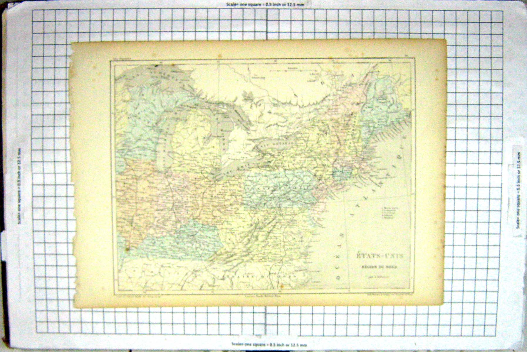 Antique Old Print Map North America Washington Lake Ontario Michigan Boston