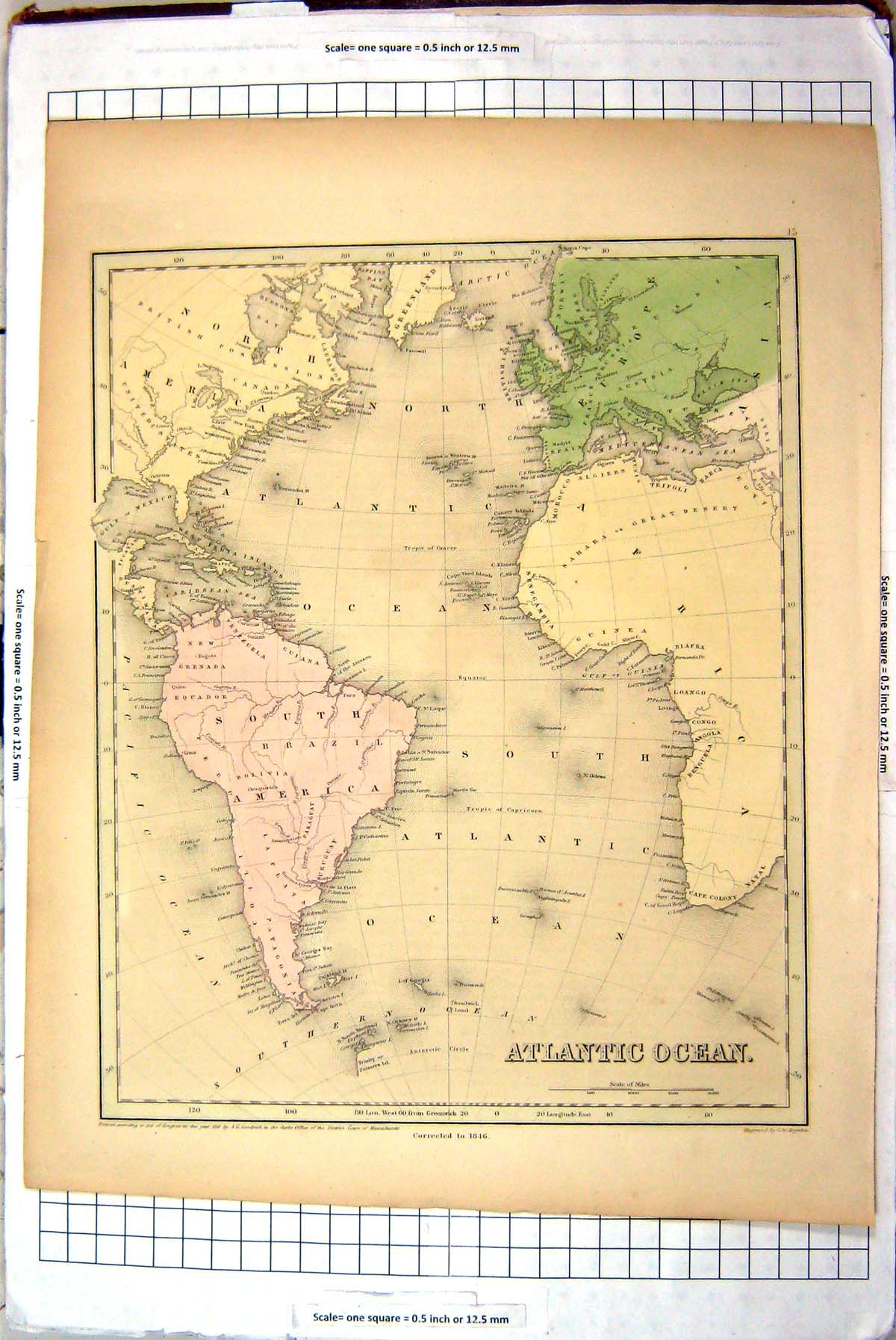 Antique Old Print Map Atlantic Ocean Africa America Europe Greenland Falkland