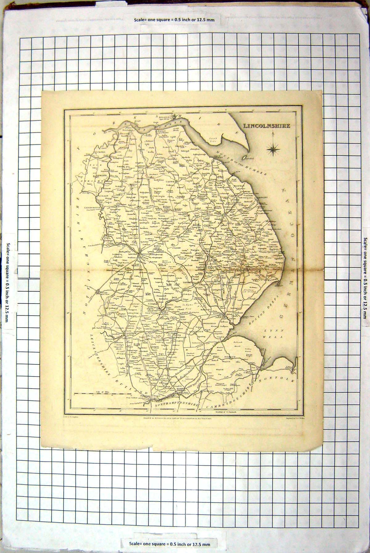 Old Print Walker Map Lincolnshire England Lincoln Market Deeping Spilsby