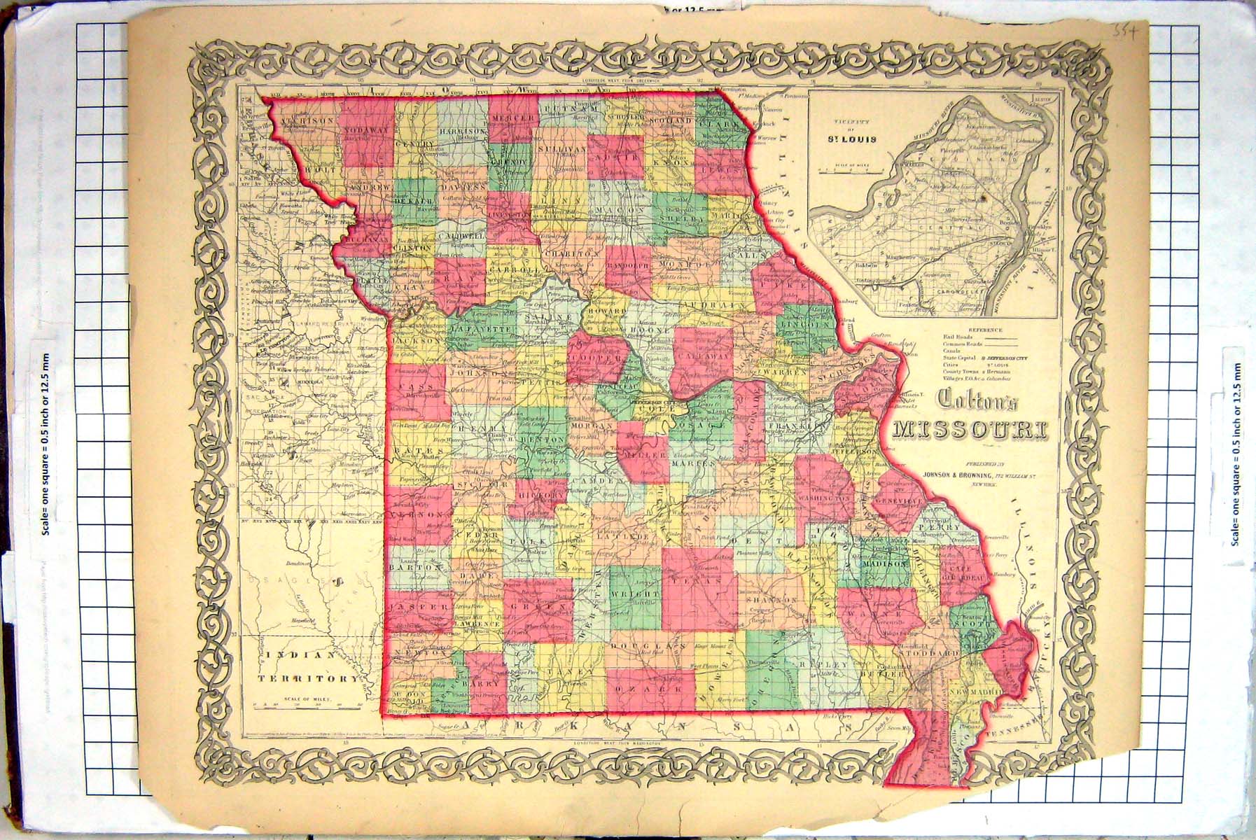 Antique Old Print Map North America Missouri St. Louis Texas Howard Nevada