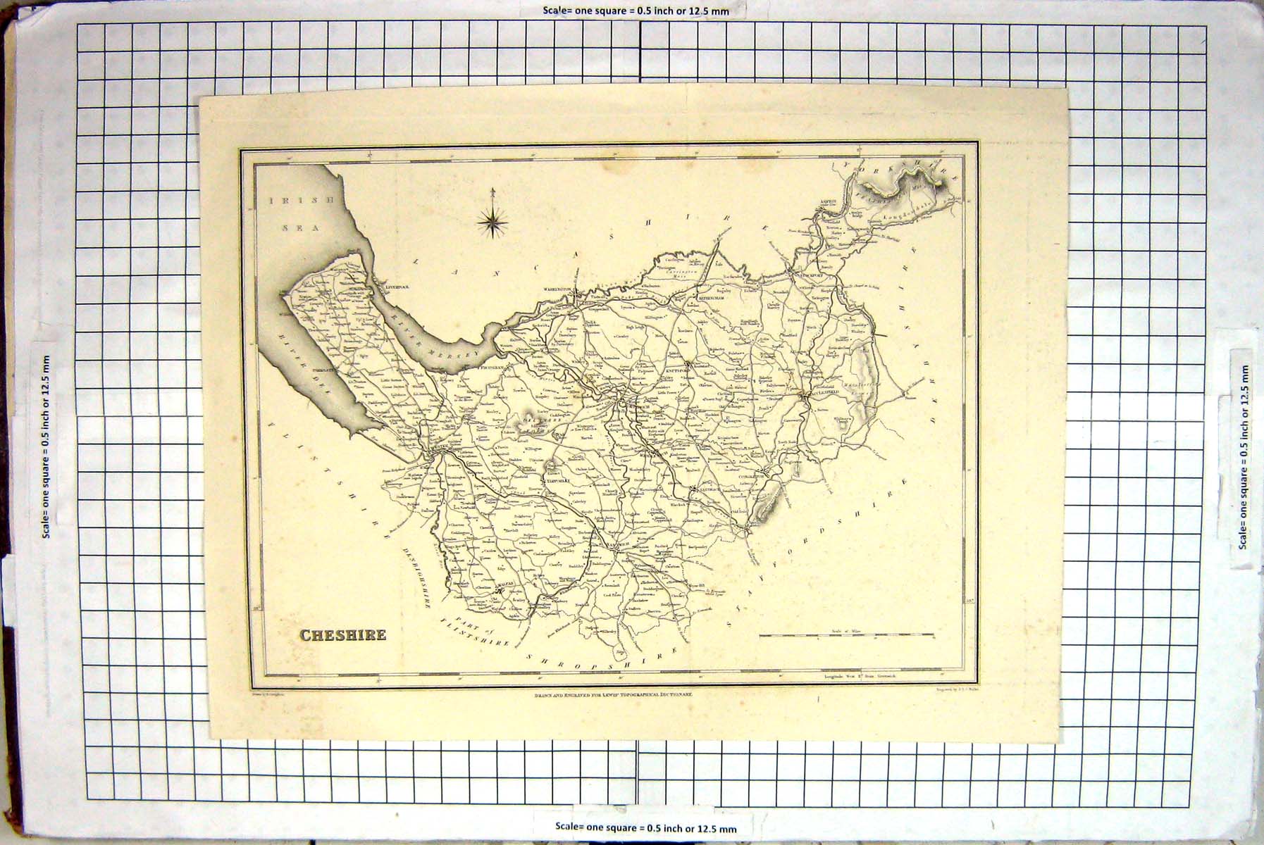 Antique Old Print Walker Map Cheshire England Northwich Chester Macclesfield