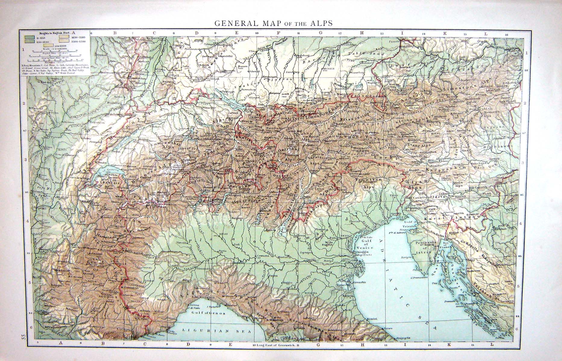 Original Old Antique Print Map Alps Mountains Bernese Adriatic Sea Gulf Genoa