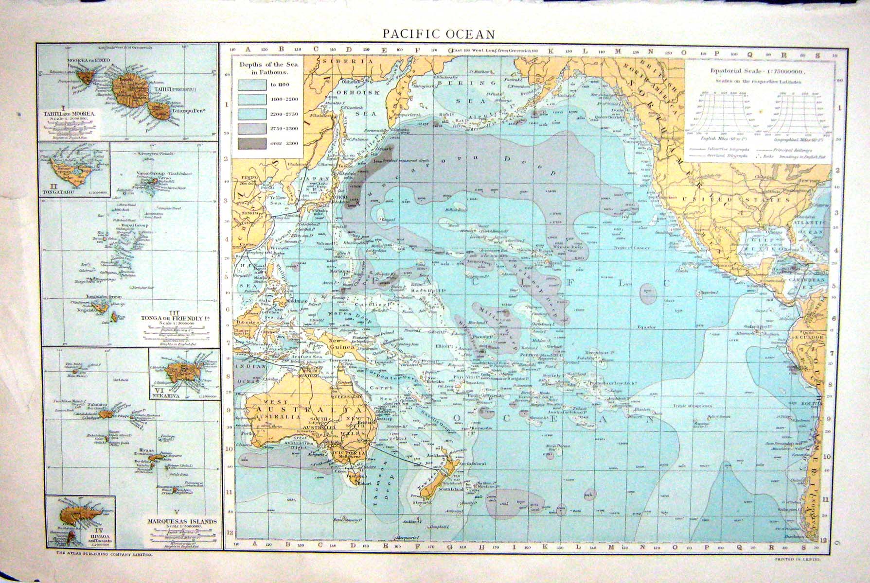 Antique Old Print Map Pacific Ocean Tahiti Tongo Marquesas Tuscarora Deep Sea