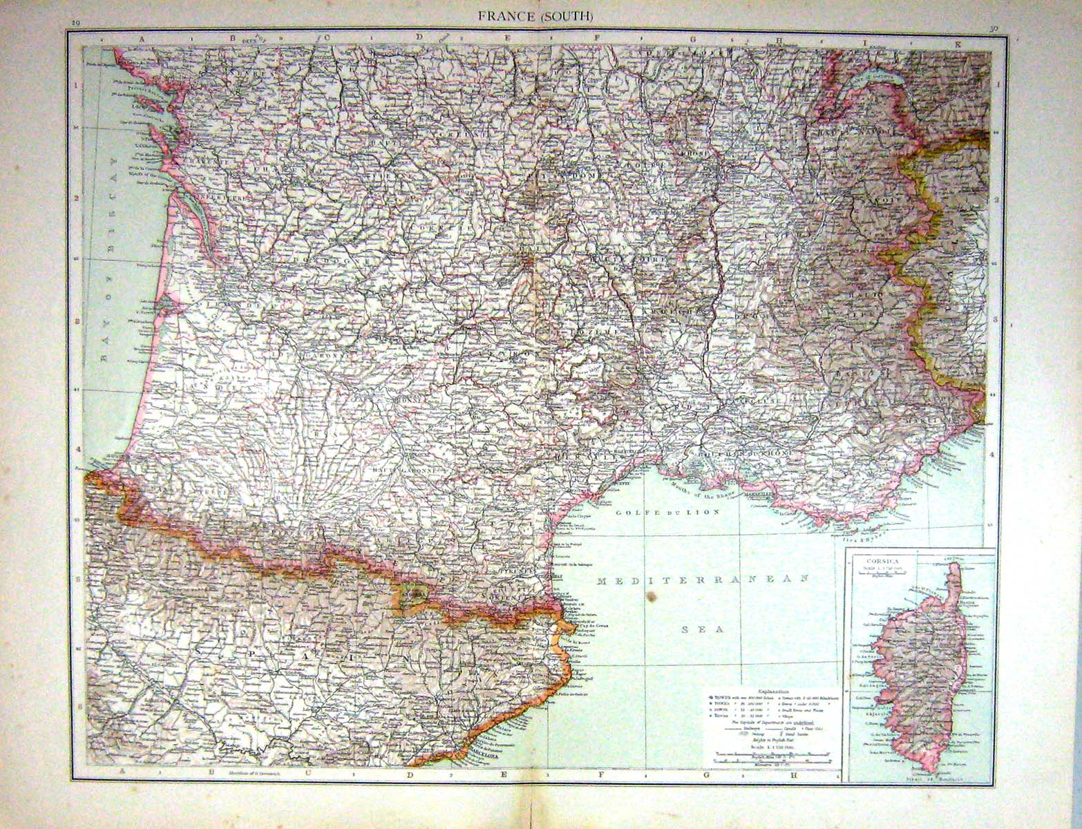 Old Antique Print Map South France Corsica Pyrenees Marseilles Bay Biscay