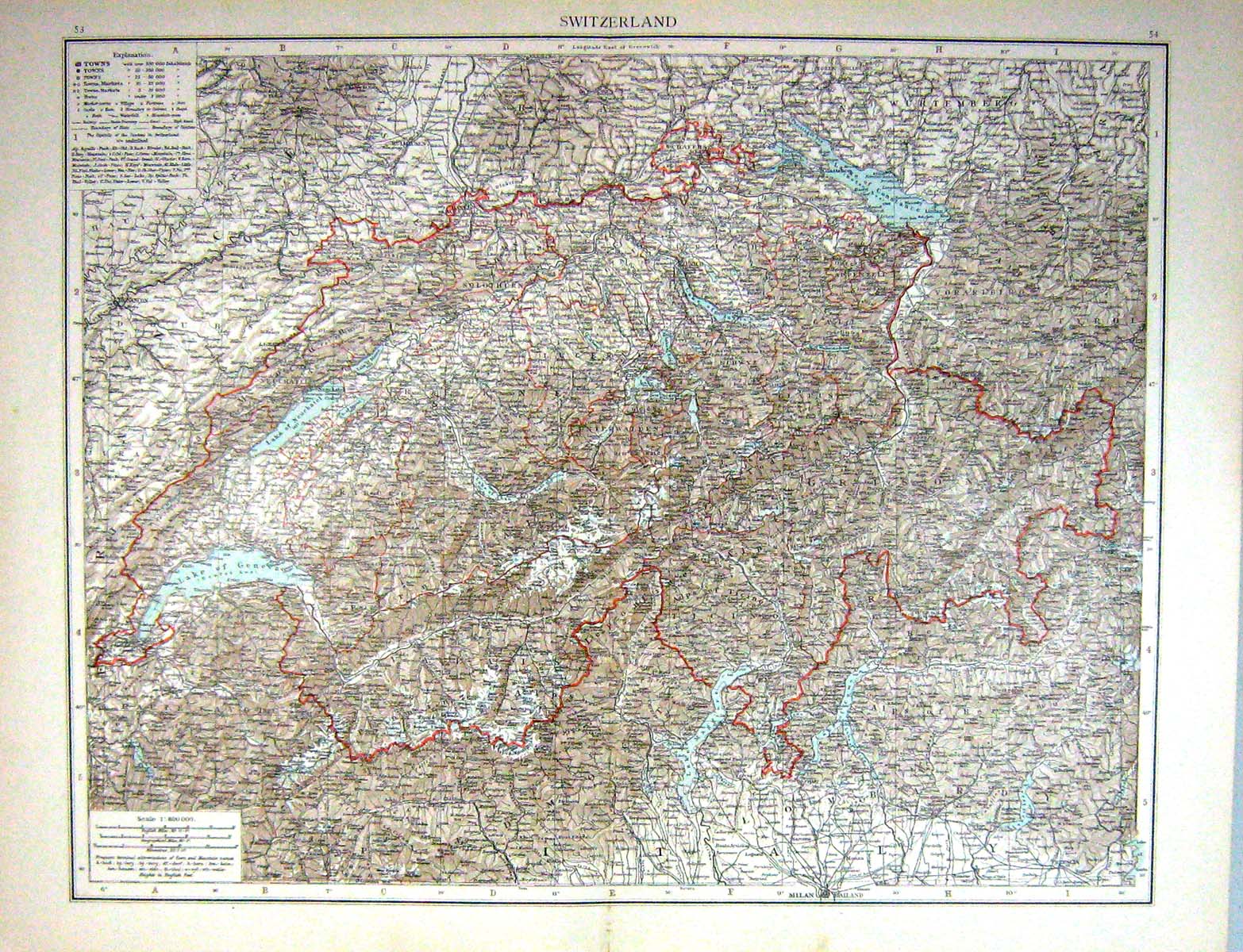 Old Antique Print Map Switzerland Lake Geneva Alps Mountains Lucern Basel