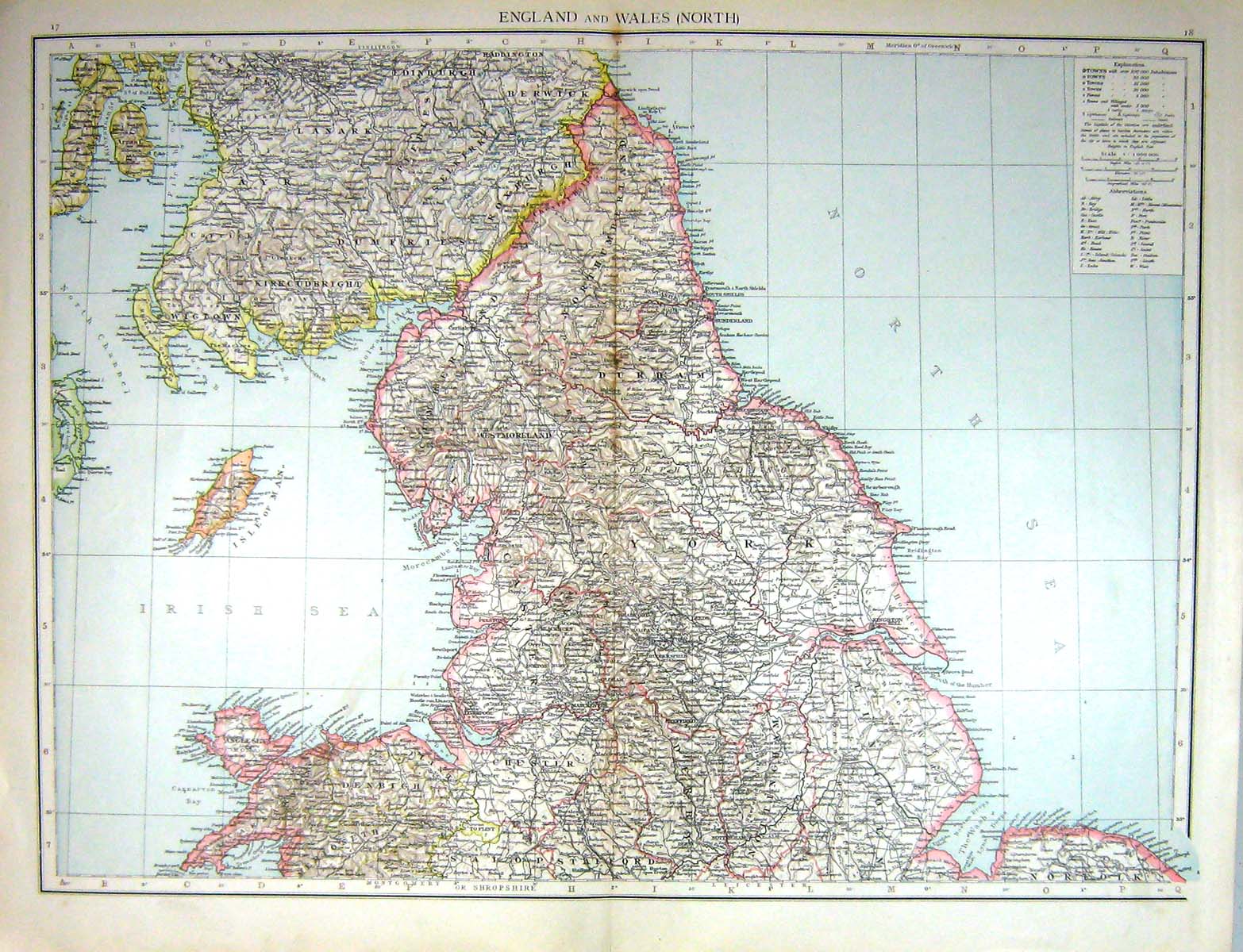 Old Print Map England Wales Isle Man Liverpool Wigtown Berwick Nottingham