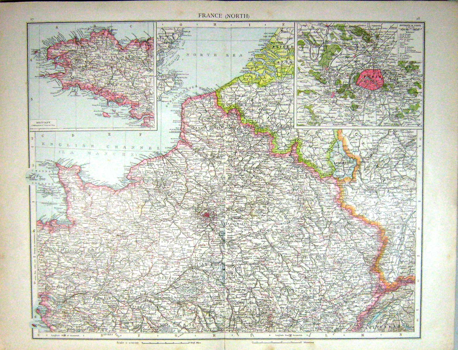Antique Old Print Map North France Plan Paris Brittany Tours Luxemburg Amiens