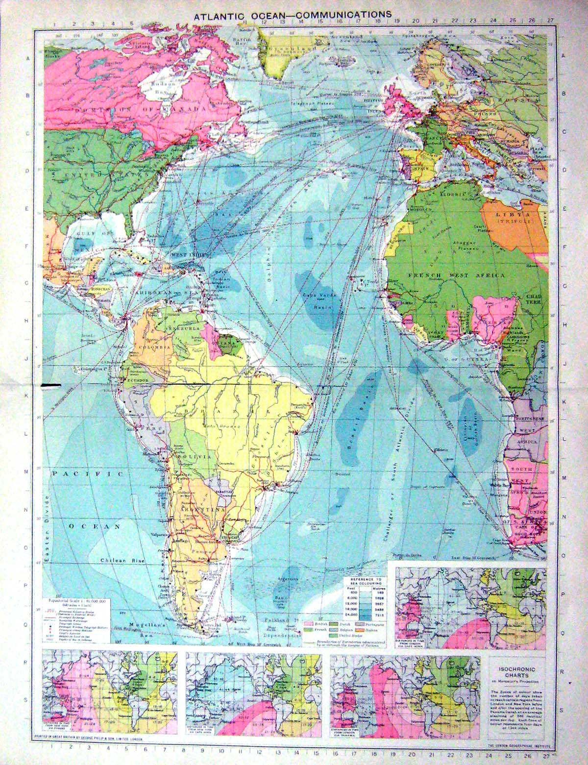 Original Old Antique Print Map Atlantic Ocean Communications Isochronic Charts