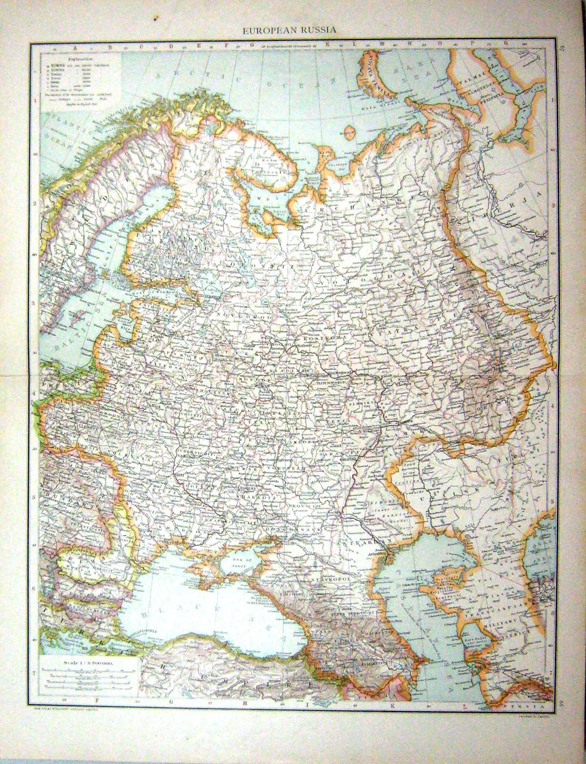 Antique Old Print Map European Russia Sweden Stavropol Sea Azoff Caspian Sea