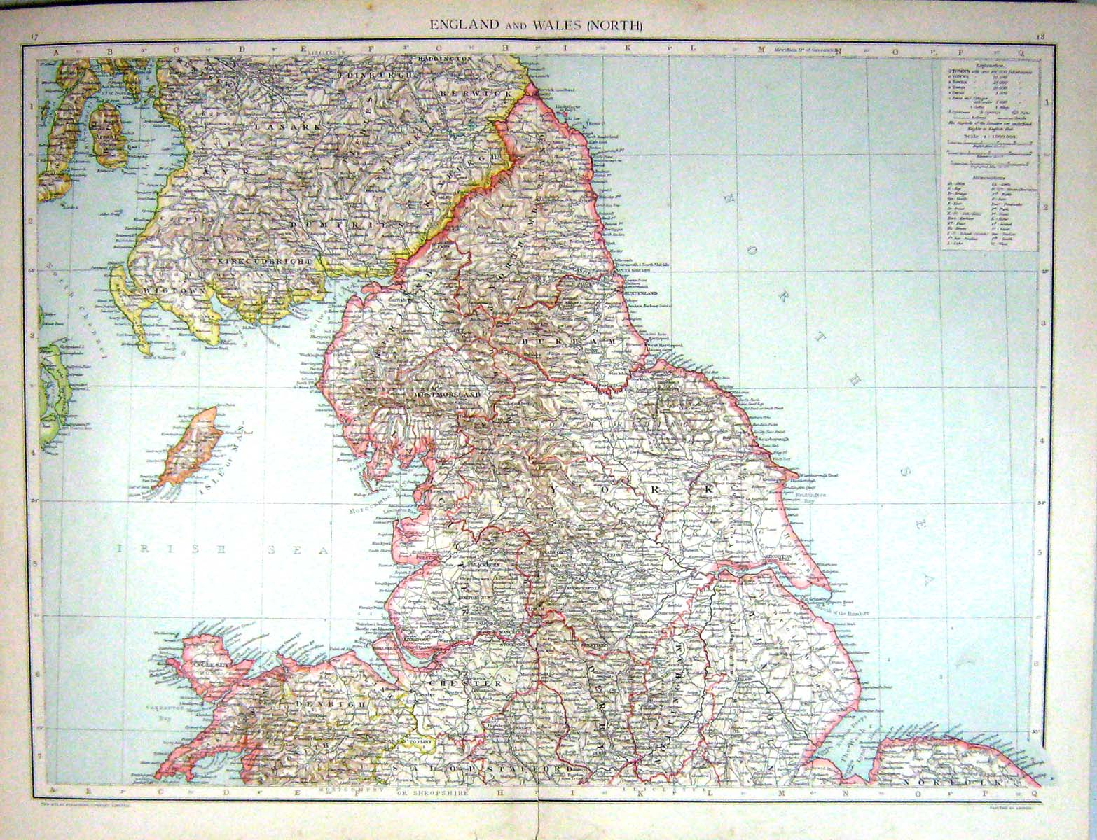 Old Map England Wales Isle Man Kingston-Upon-Hull Liverpool Lancaster