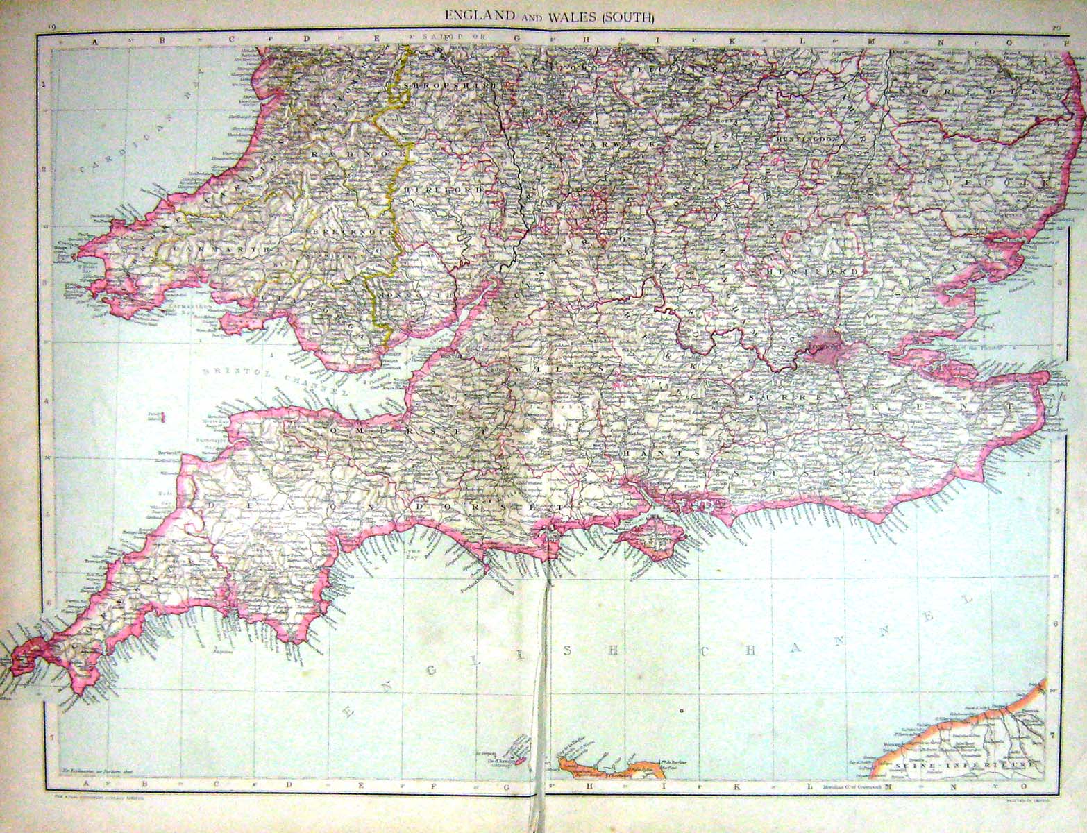 Old Print Map England Wales Isle Wight Land'S End London Dover Portsmouth