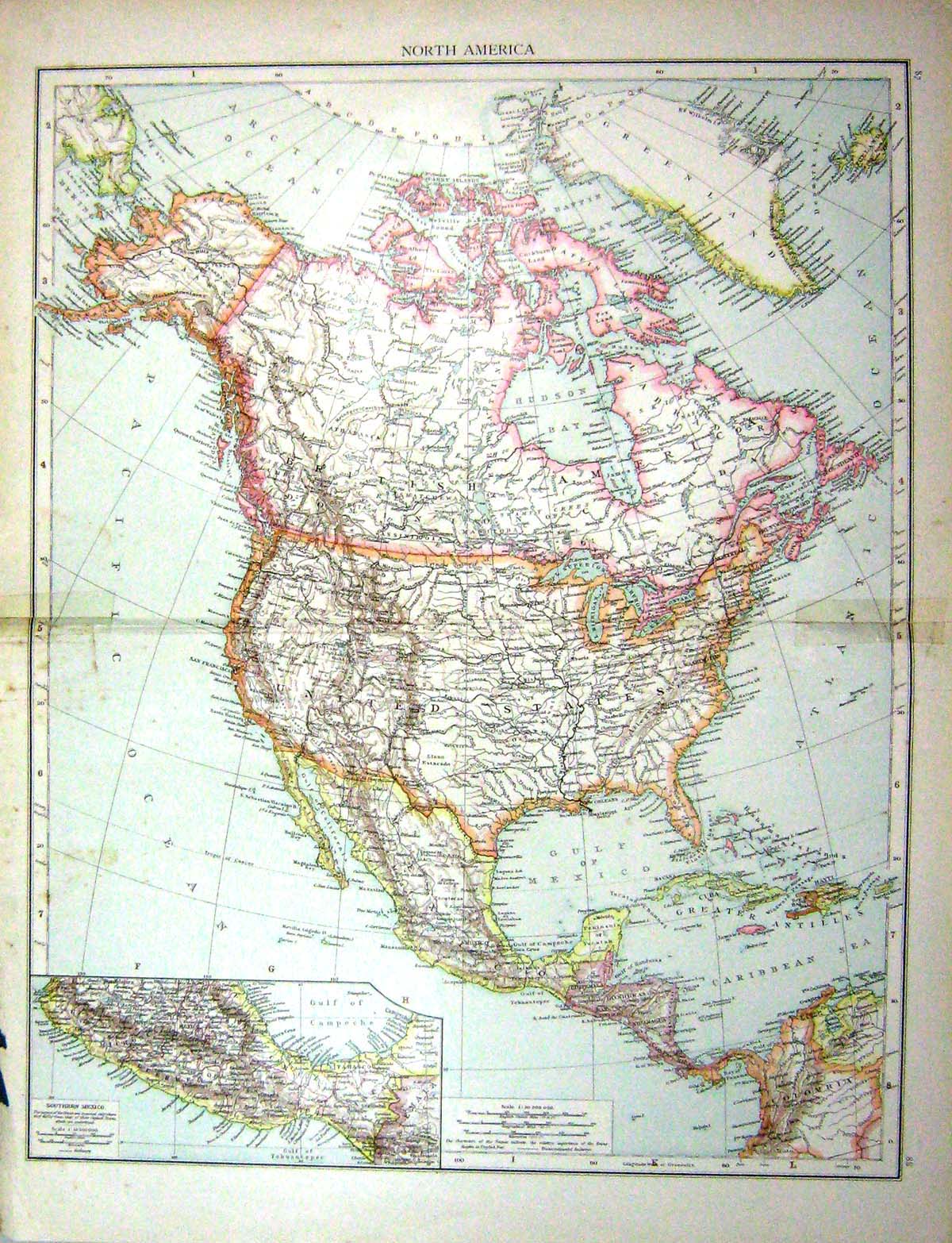 Antique Old Print Map North America Mexico Cuba Hayti Bahamas Florida Canada