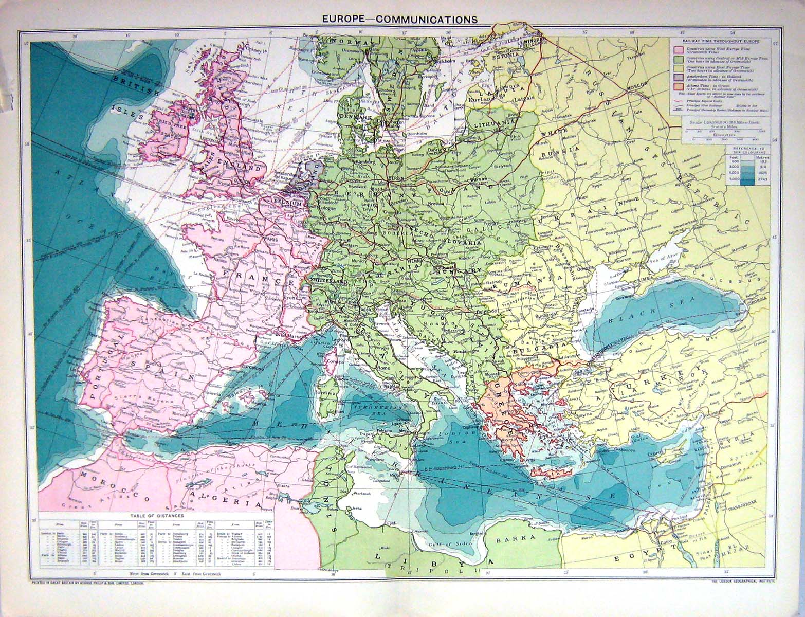 Antique Old Print Map Europe Communications Physical Industries Population