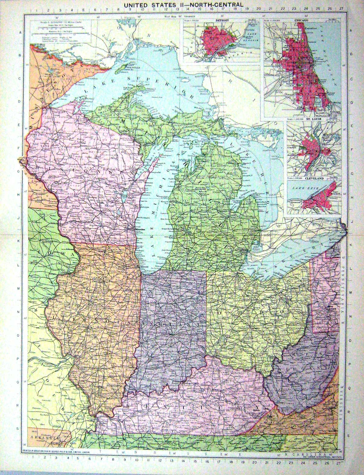 Old Map America Plan Chicago Cleveland Detroit St.Louis Texas Florida