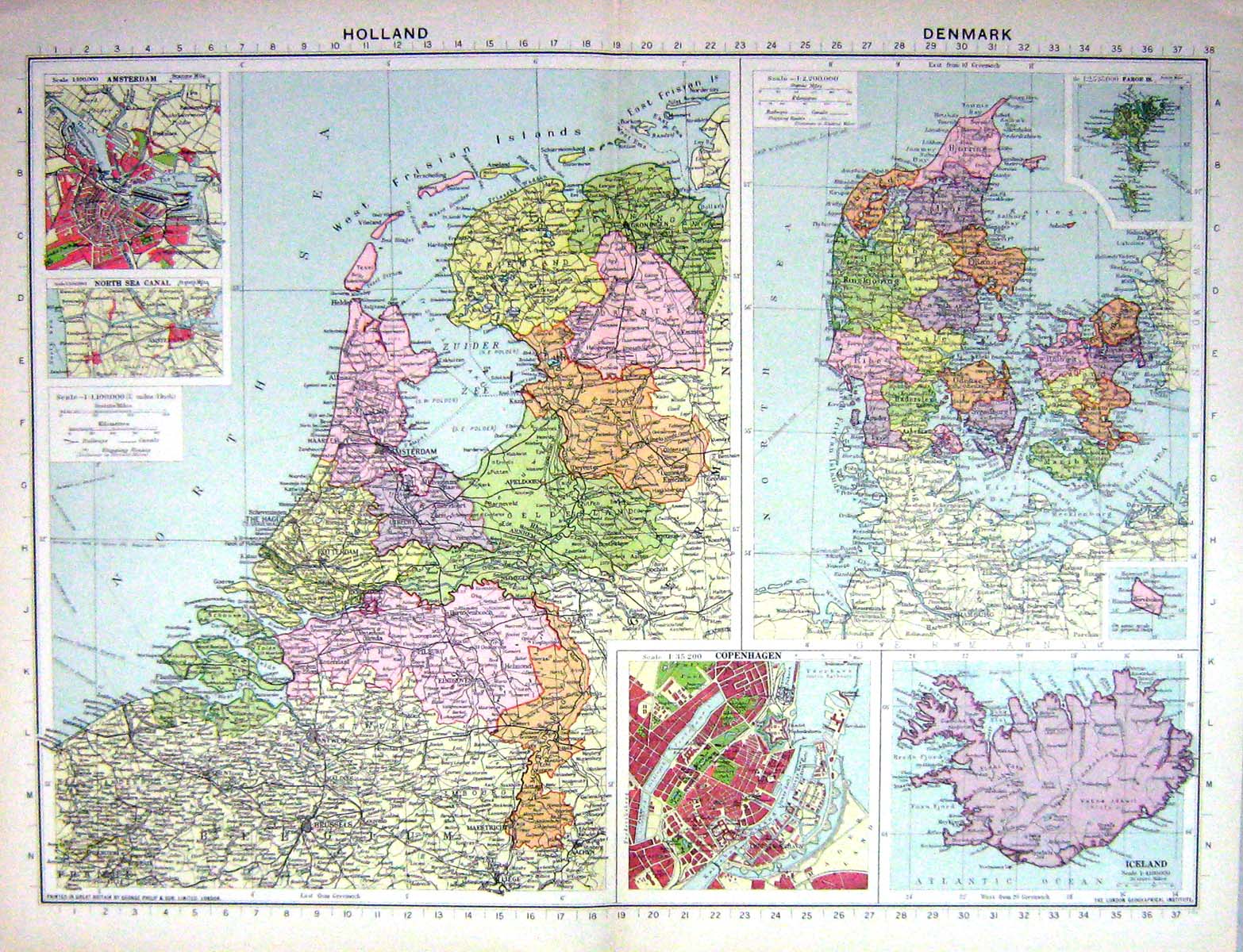 Antique Print Map Holland Denmark Amsterdam Copenhagen Iceland Switzerland