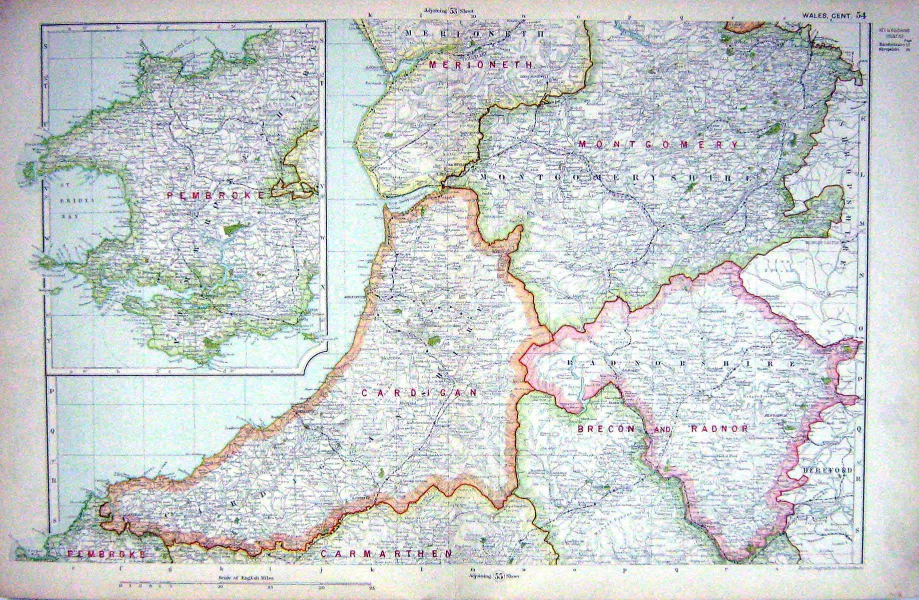 Antique Print Map Wales Pembroke Cardigan Brecon Radnor Montgomery Merioeth