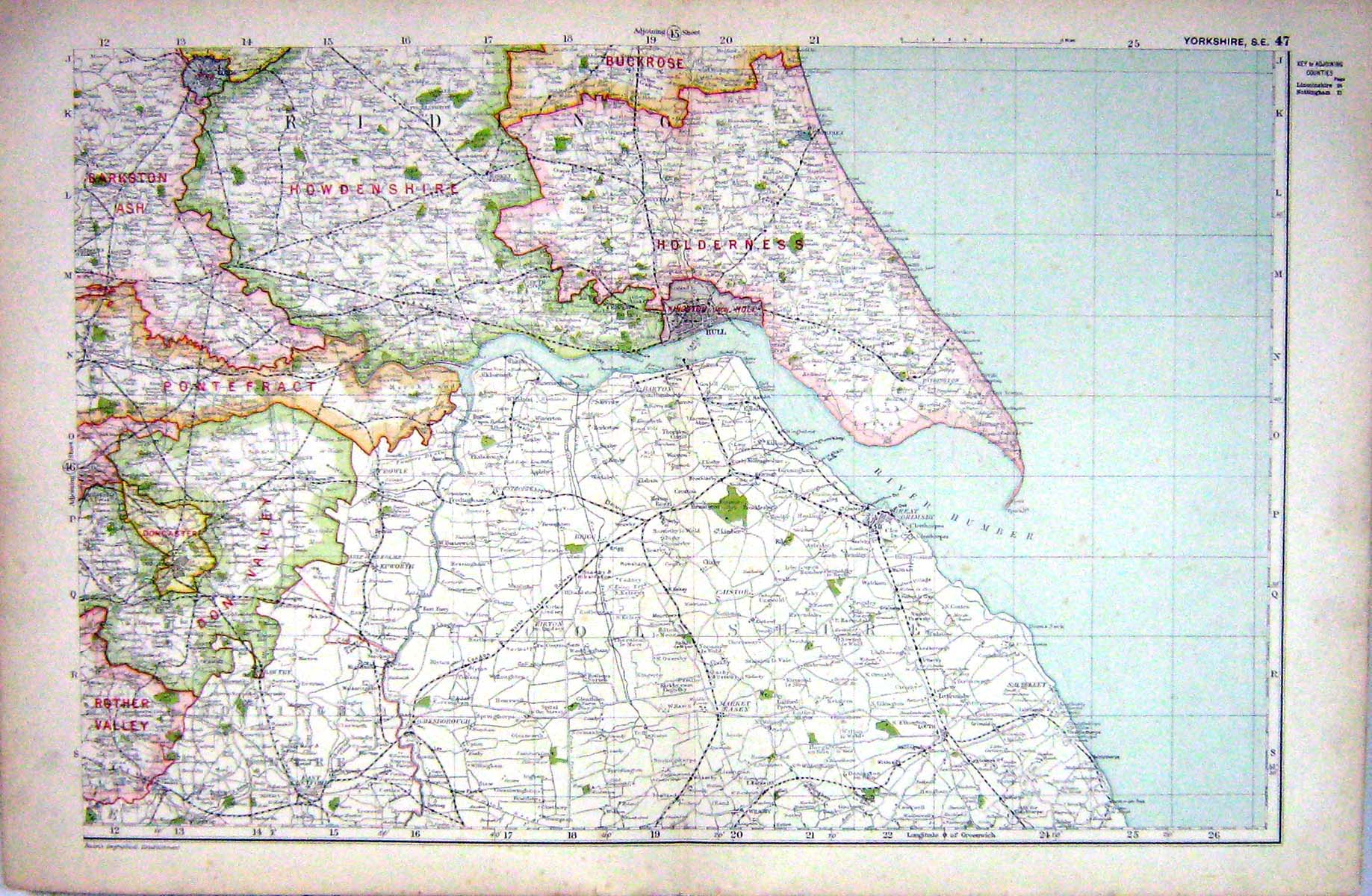 Antique Print Map Yorkshire England Hull Grimsby Gainsborough River Humber