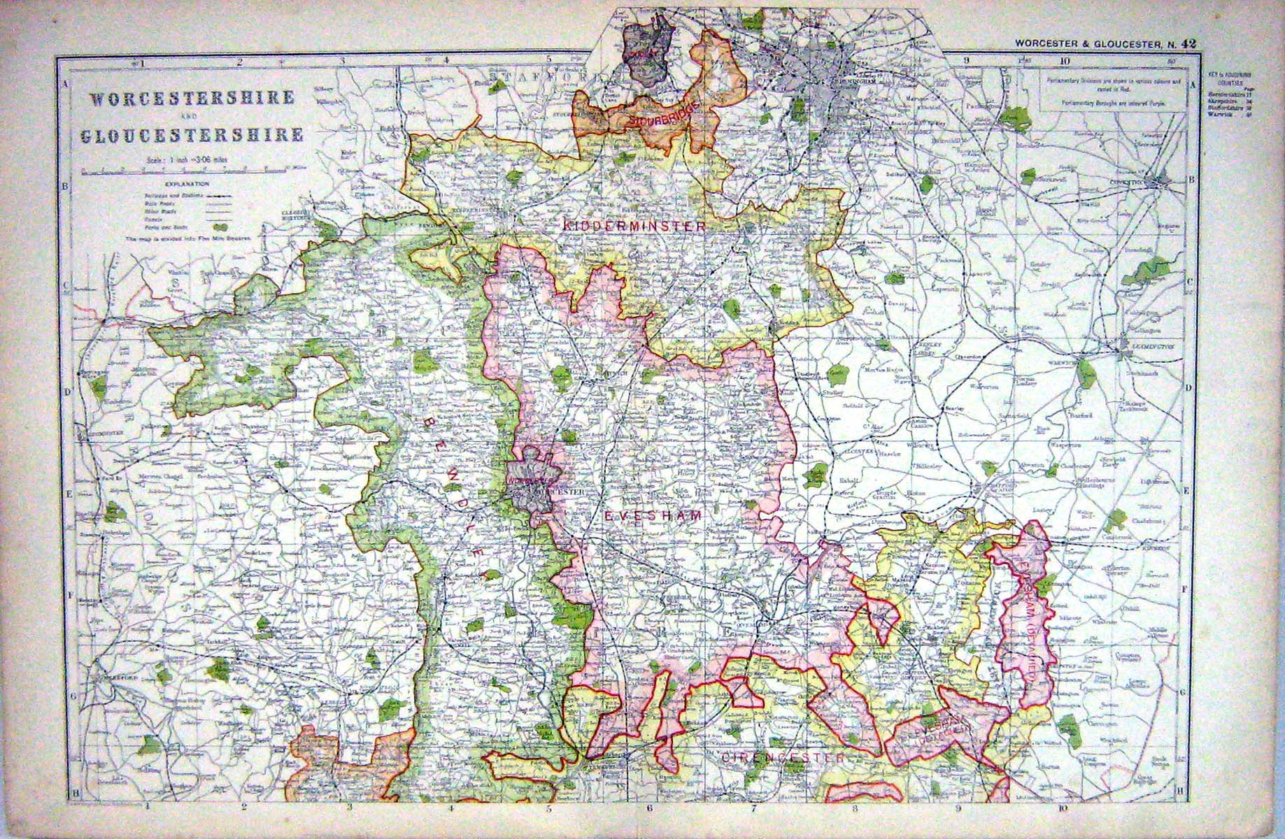 Antique Print Map Worcestershire Gloucestershire England Worcester Evesham