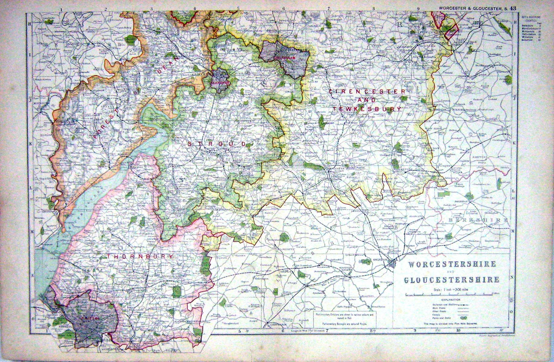 Old Antique Print Map Worcestershire Gloucestershire England Cirencester
