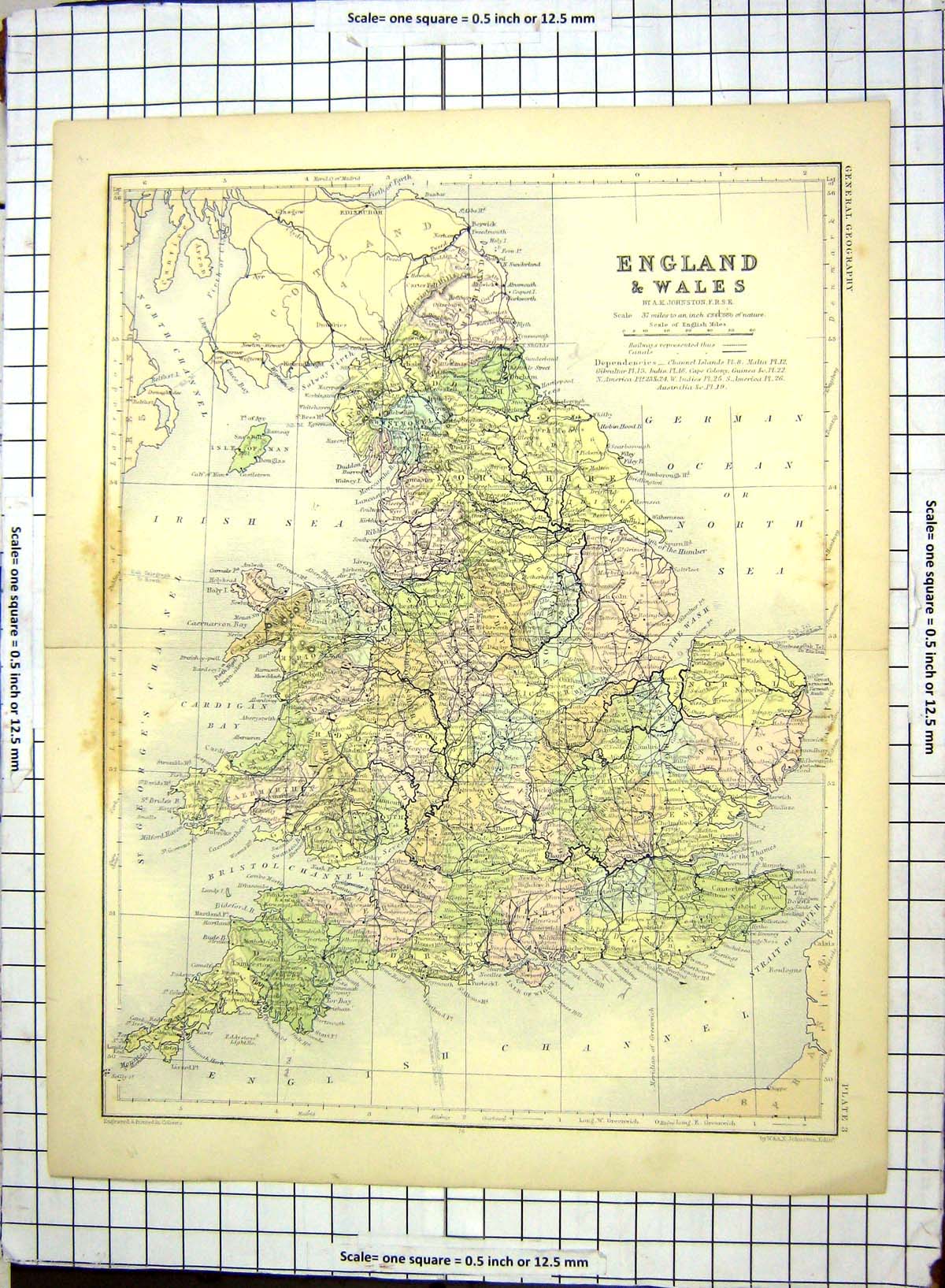 Antique Old Print Map England Wales Isle Man Wight English Channel Land'S End