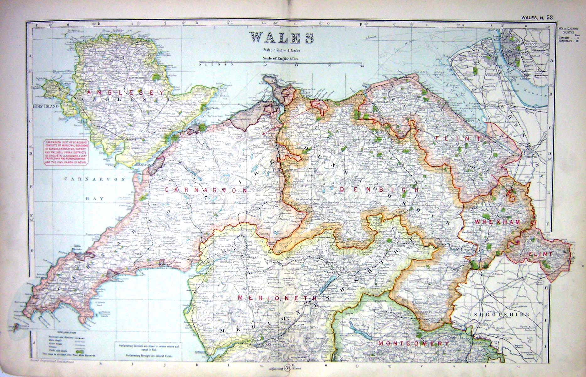 Antique Print Bacon Map Wales Anglesey Carnarvon Merioneth Denbigh Wrexham