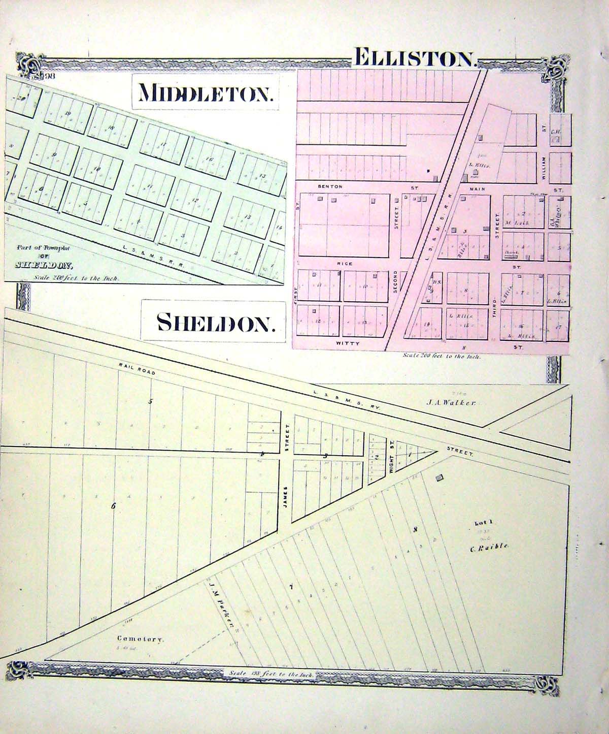 Original Old Antique Print Map Street Plan Elliston Middleton Sheldon Railway