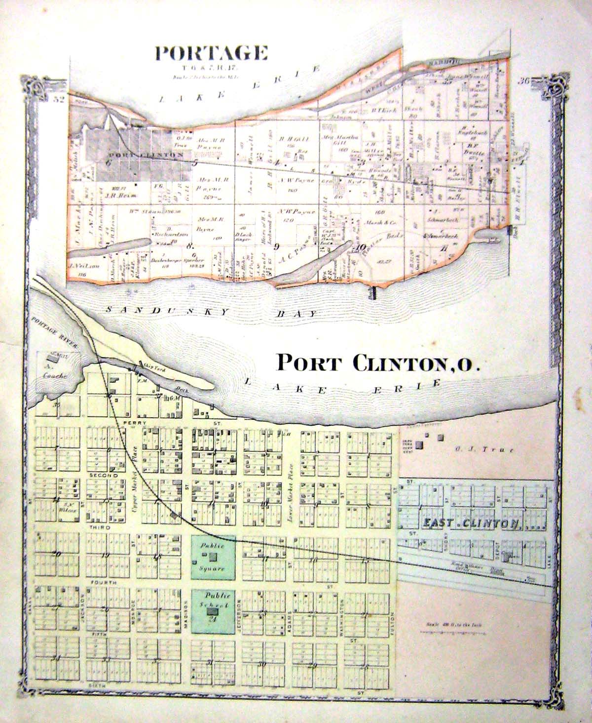 Old Antique Print Map Street Plan Portage Port Clinton Lake Erie Sandusky
