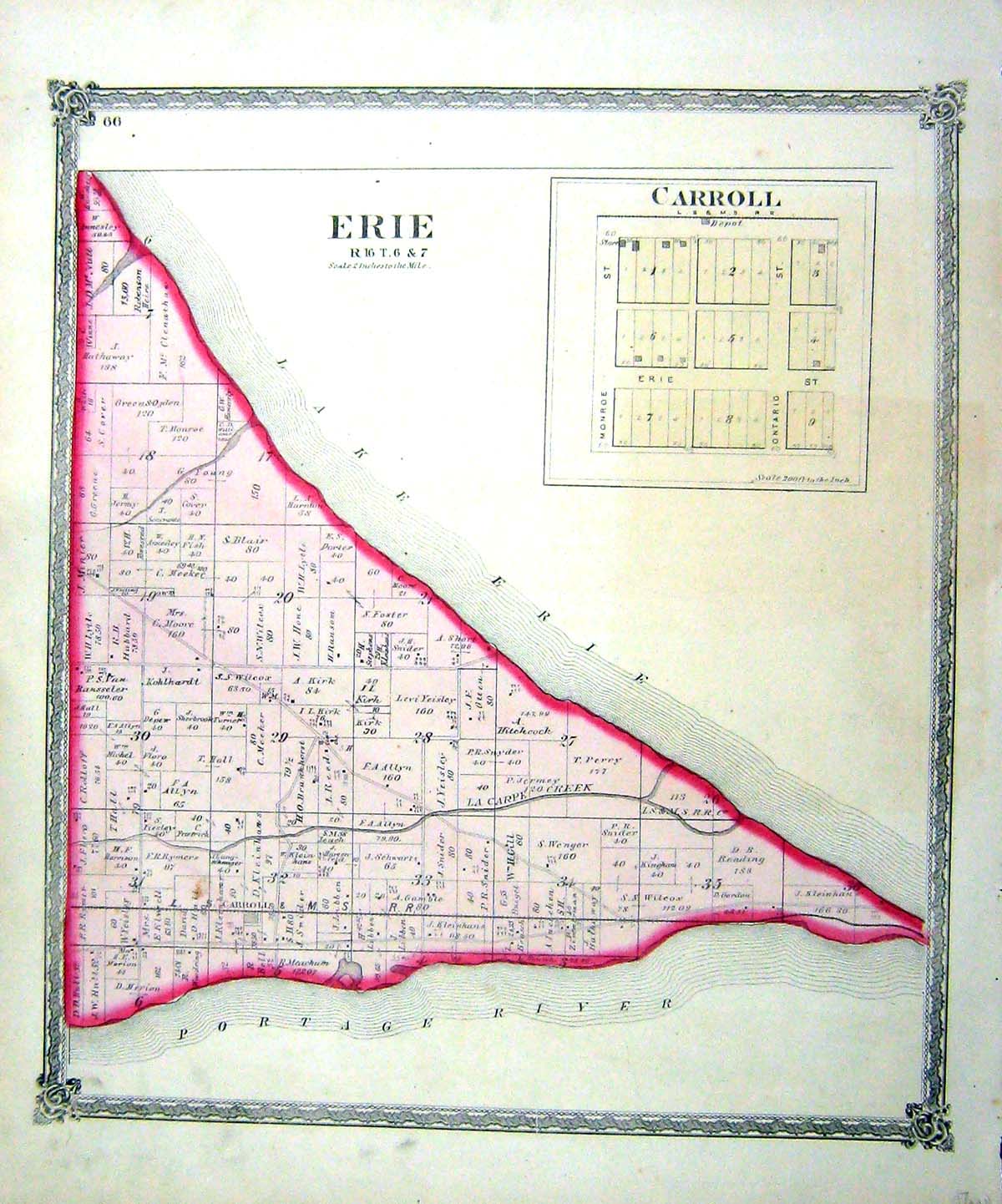 Original Old Antique Print Map Street Plan Carroll Erie La Carpe Creek America